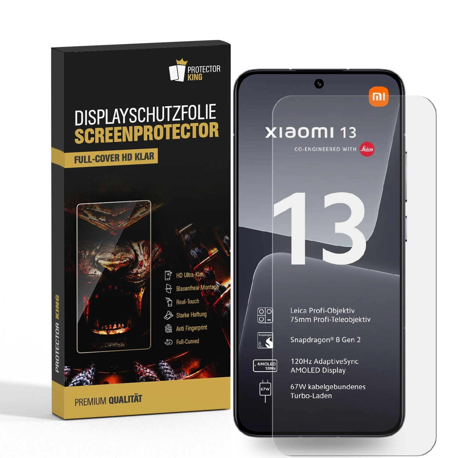 Box und Telefon mit Displayschutzfolie, die Xiaomi 13 und Funktionen zeigt.