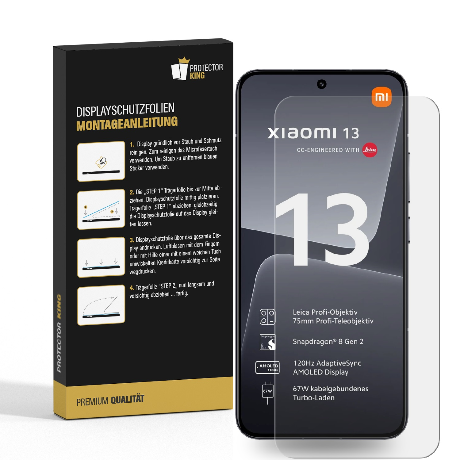 Ein Telefon mit Displayschutzfolie und eine Box mit Anweisungen werden angezeigt.