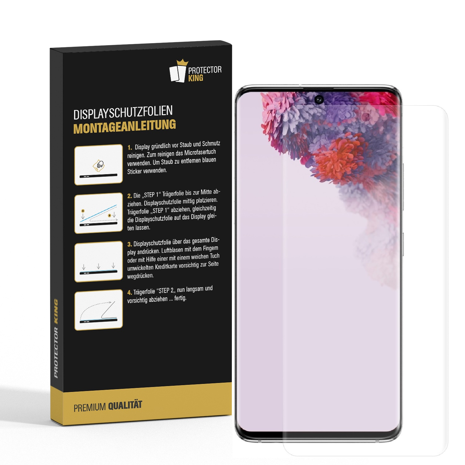 Displayschutzfolie für Smartphone mit Anleitung und Smartphone.