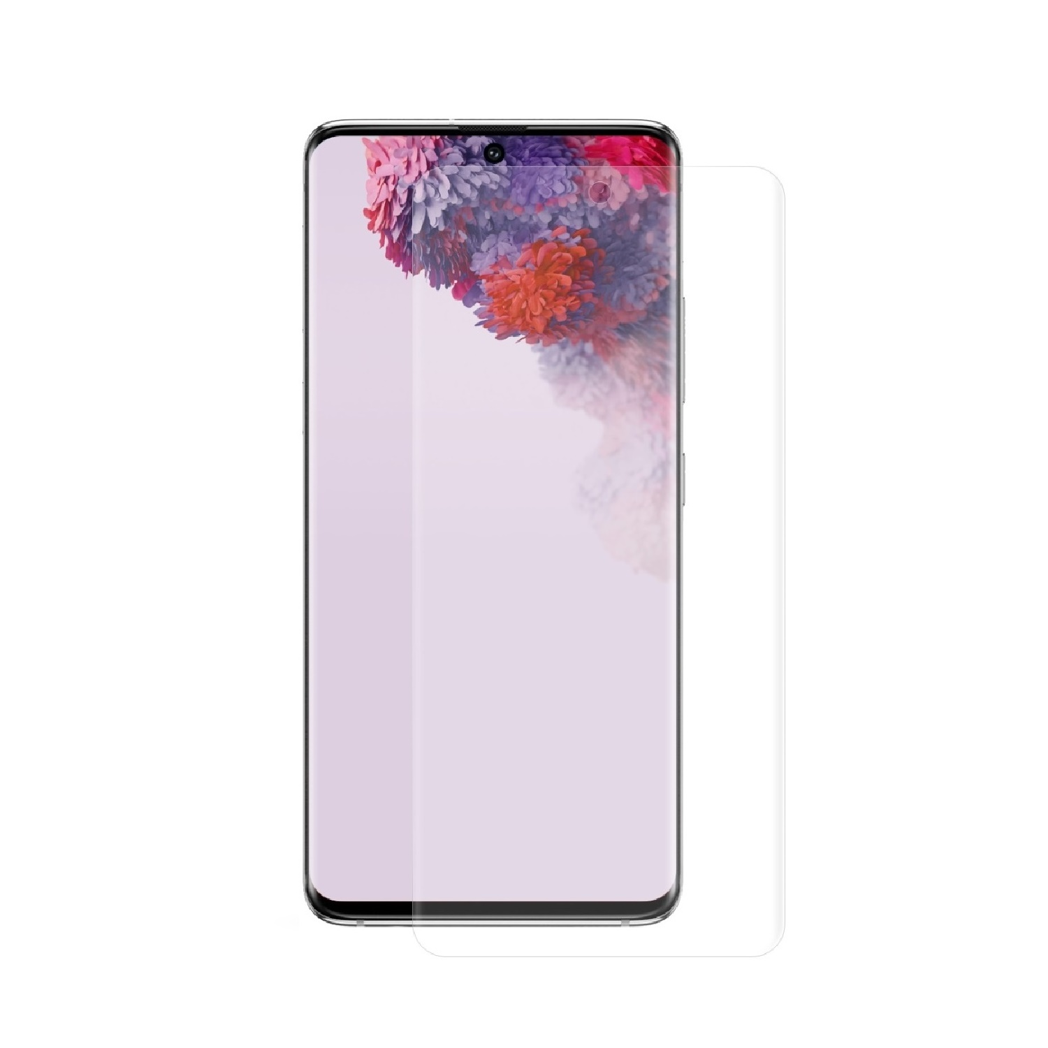 Ein Smartphone mit angebrachtem Displayschutz. Das Telefon liegt auf einer weißen Oberfläche.