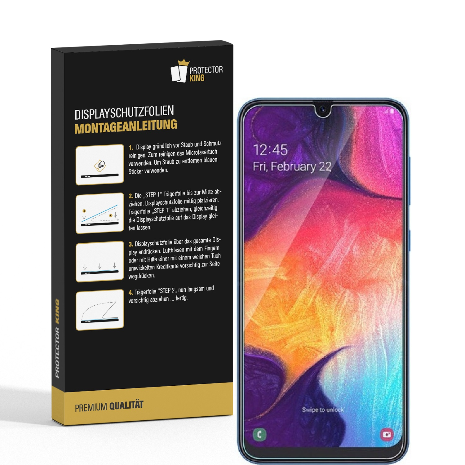 Blaues Telefon mit einer Anleitung zur Anbringung eines Displayschutzes.