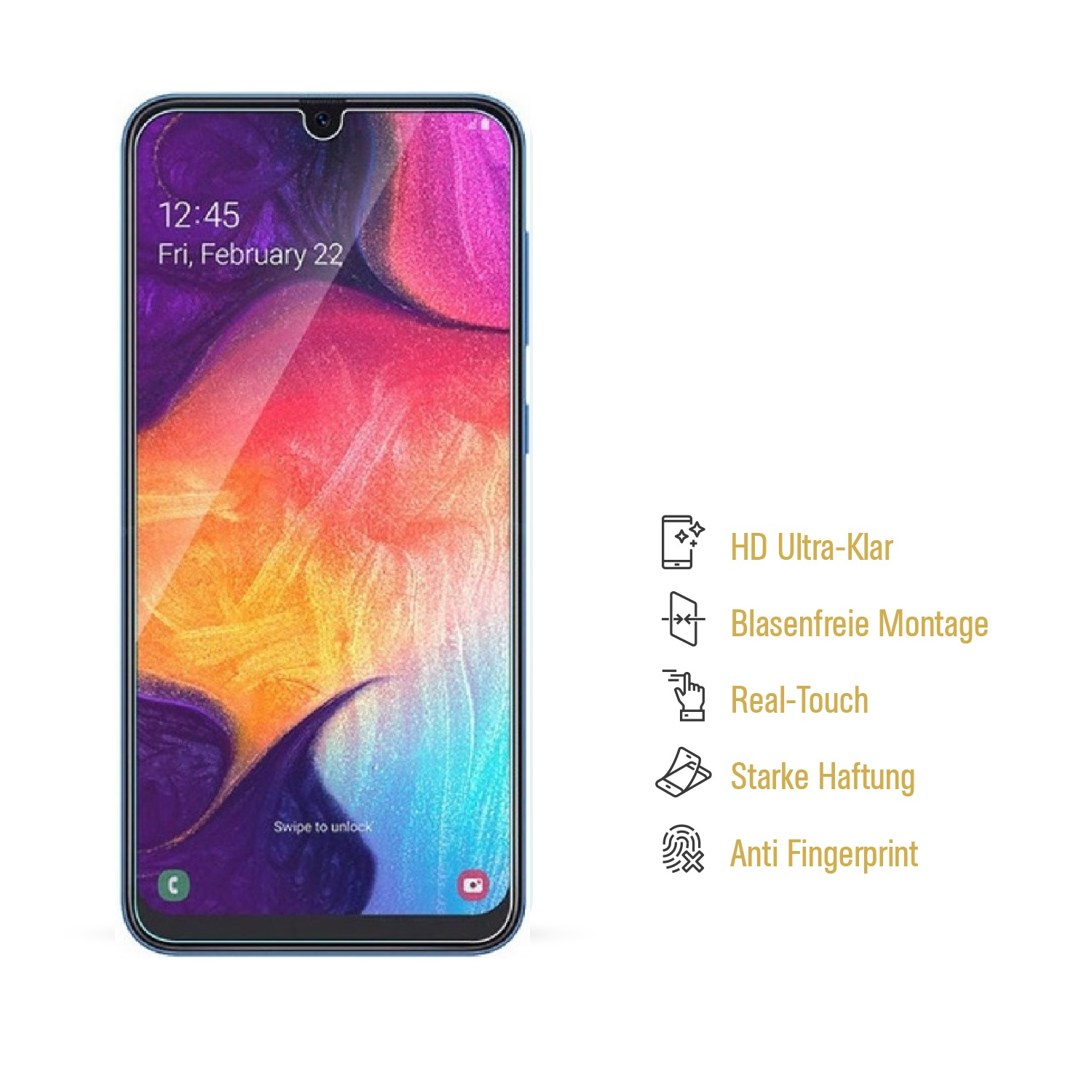 Smartphone mit aufgetragener Displayschutzfolie, Text beschreibt die Funktionen: HD, Anti-Fingerprint.