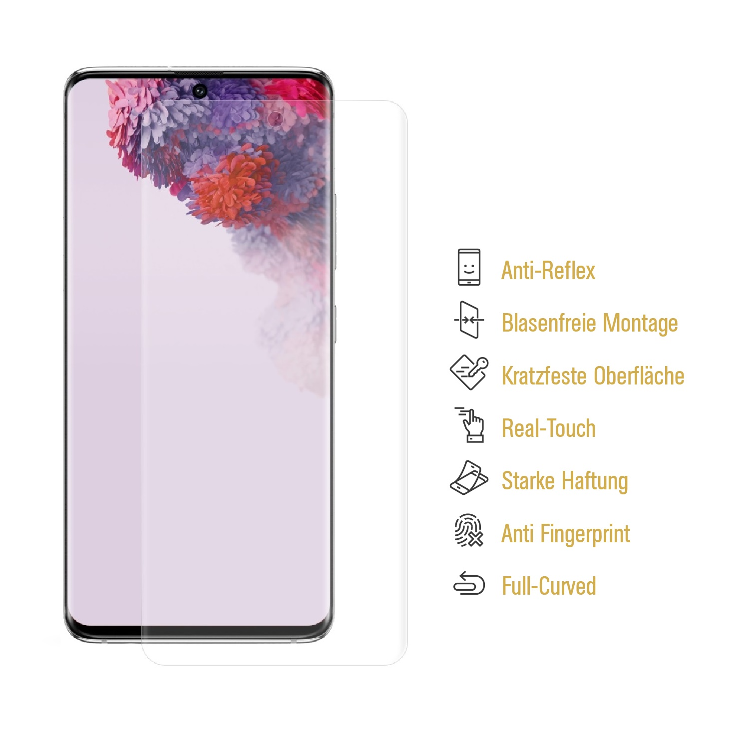 Ein Telefon mit angebrachtem Displayschutz. Der Schutz hat Funktionen wie Anti-Fingerprint und Full-Curved.