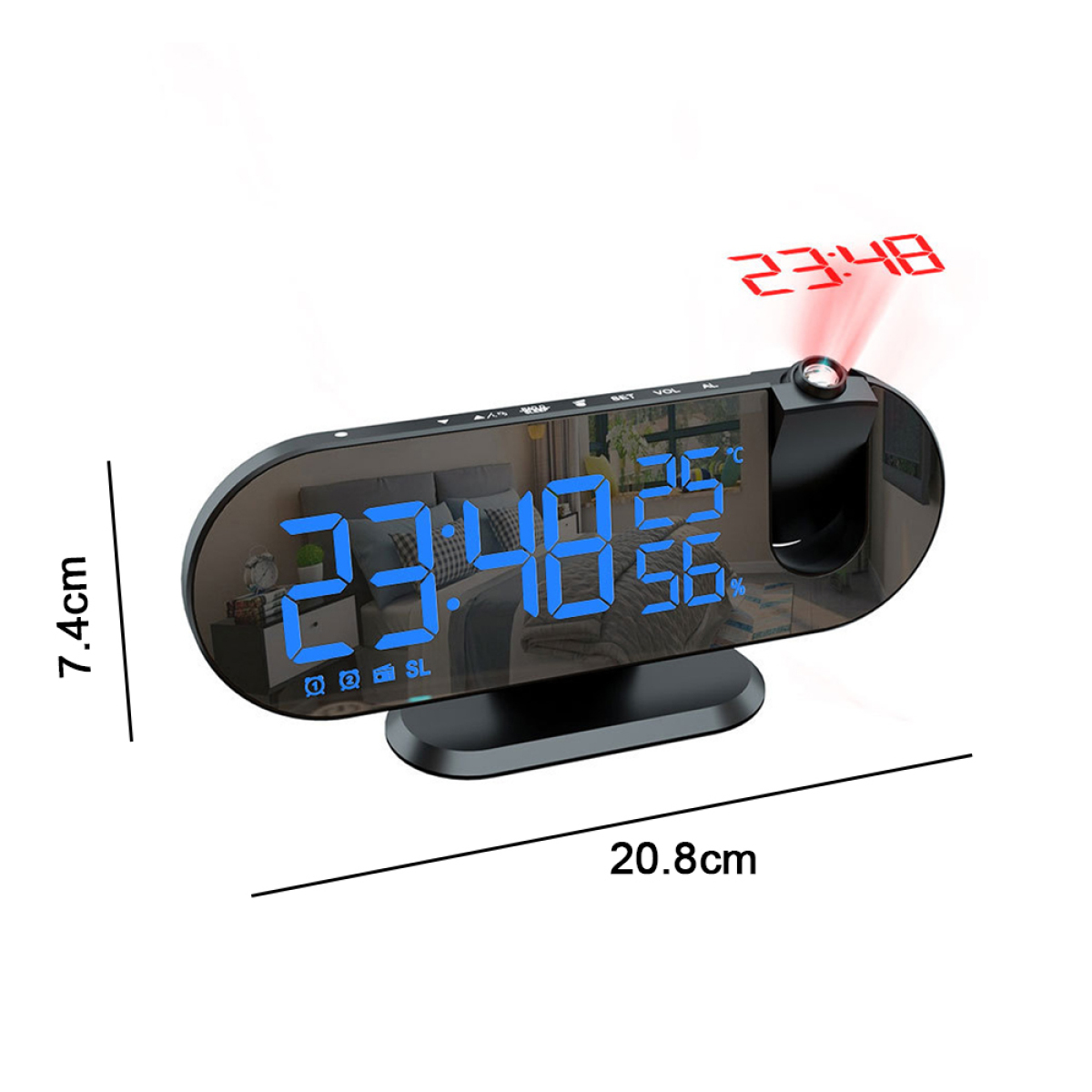 Eine schwarze Digitaluhr mit der Uhrzeit 23:48 und 22 Grad, rot projiziert.