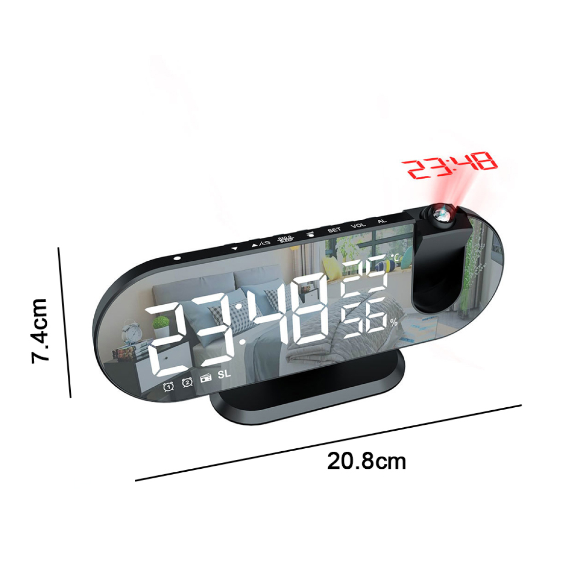 Schwarze Digitaluhr mit Maßen 20,8 cm x 7,4 cm, rote Projektion und Spiegelfläche.