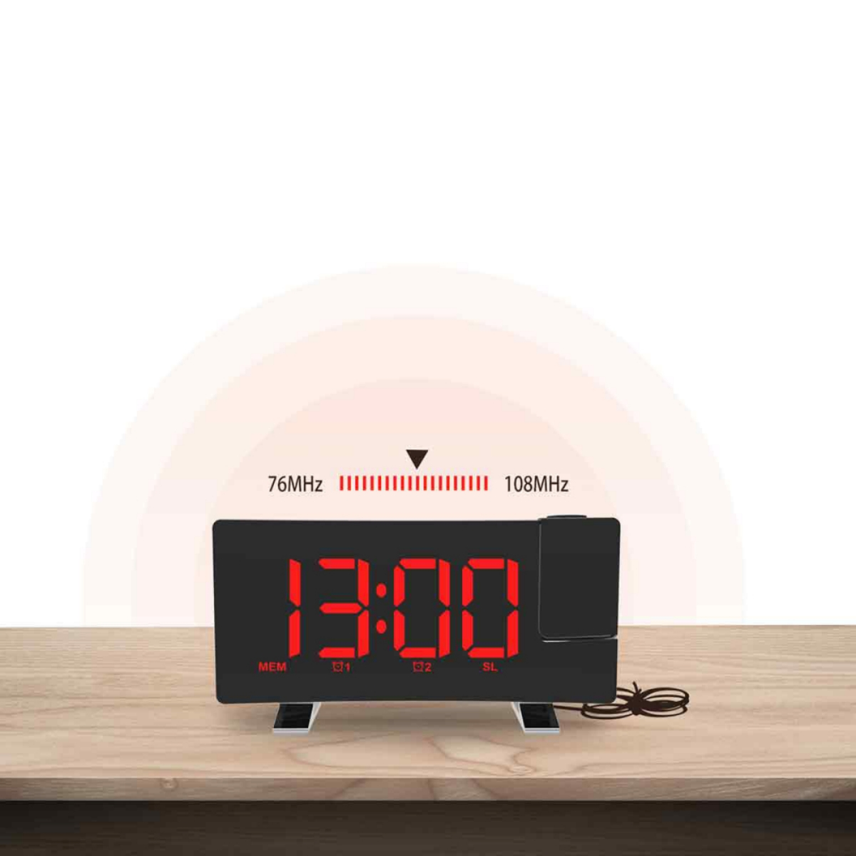 Schwarzer digitaler Wecker. Zeigt 13:00 in Rot an. Hat einen Frequenzbereich und einen weißen Lichtbogen.