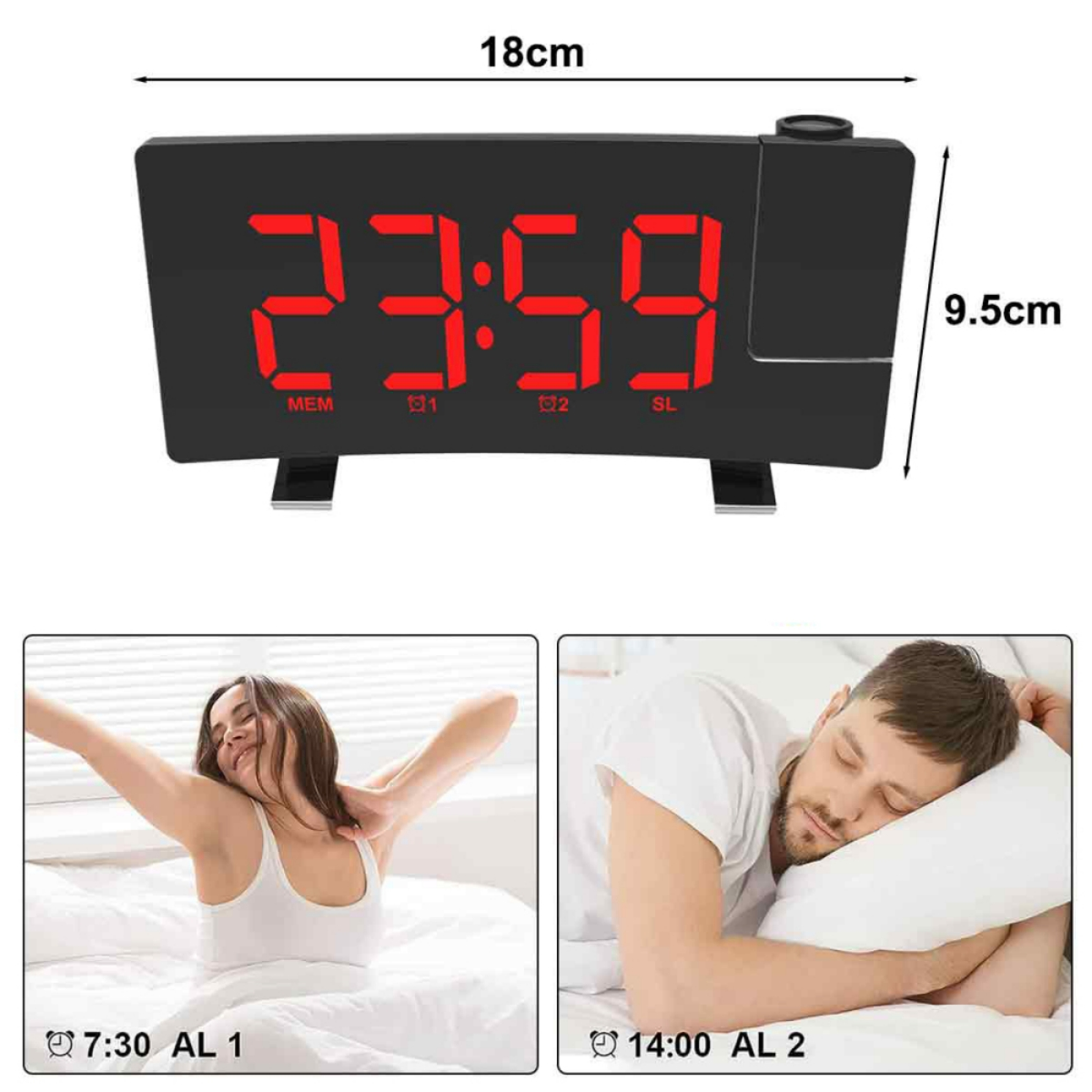 Schwarzer digitaler Wecker mit der Anzeige 23:59. Zwei kleinere Bilder zeigen eine sich streckende Frau und einen schlafenden Mann.