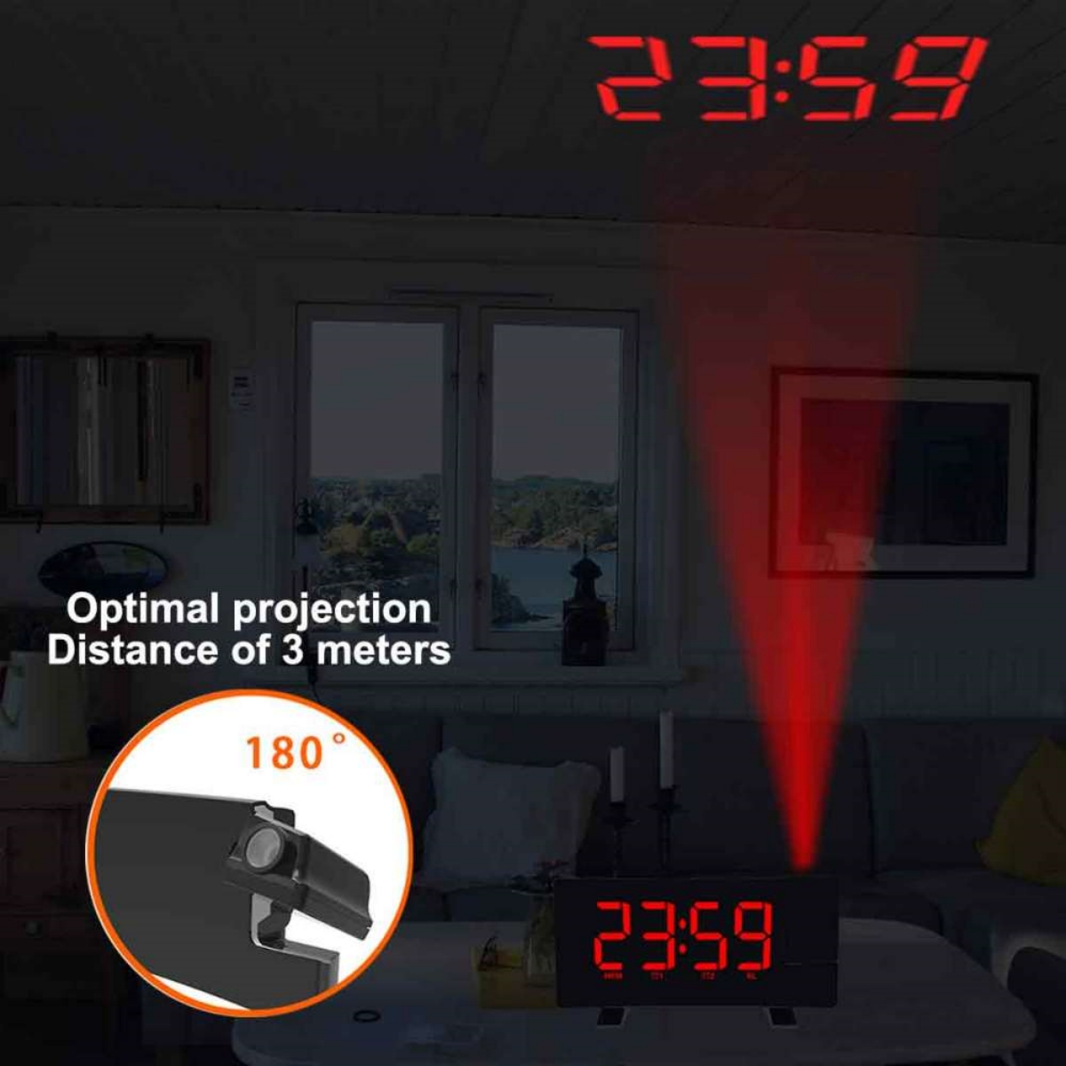 Schwarze Digitaluhr, die die Zeit 23:59 an die Wand projiziert. Rote Lichtprojektion.