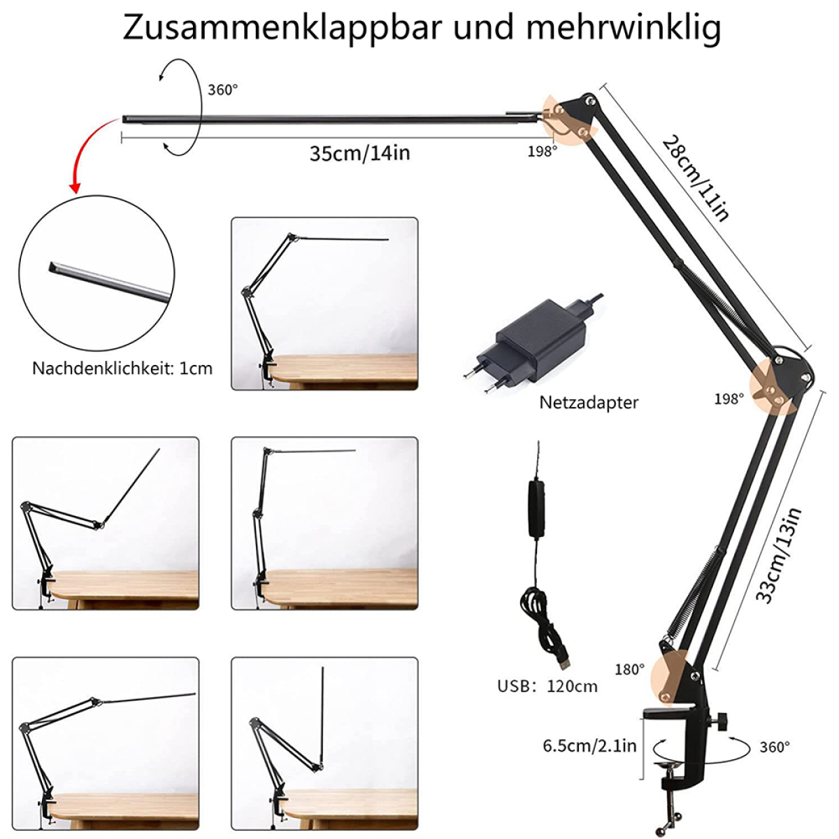 Eine Schreibtischlampe mit mehreren Gelenken und verstellbaren Positionen. Inklusive Maße und Netzteil.