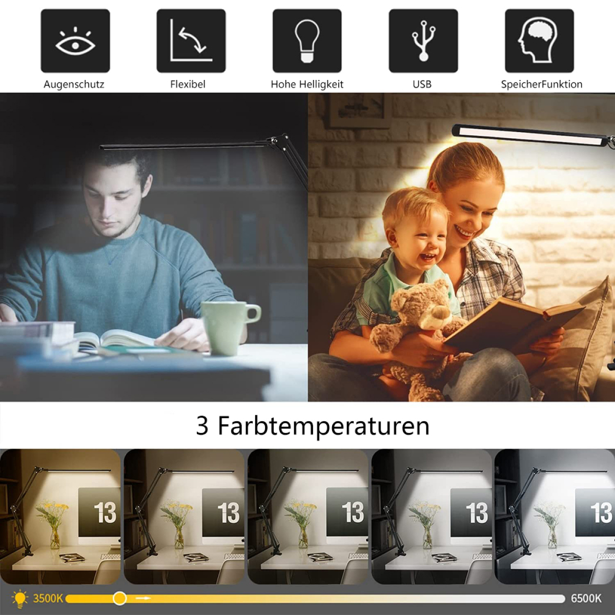 Eine Schreibtischlampe mit einer Person, die arbeitet, und einer Familie, die liest. Drei Lichteinstellungen.