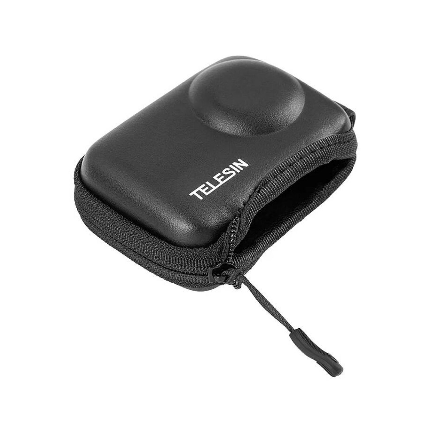 Eine schwarze Aufbewahrungstasche mit Reißverschluss. Auf der Tasche steht das Wort TELESIN in Weiß.