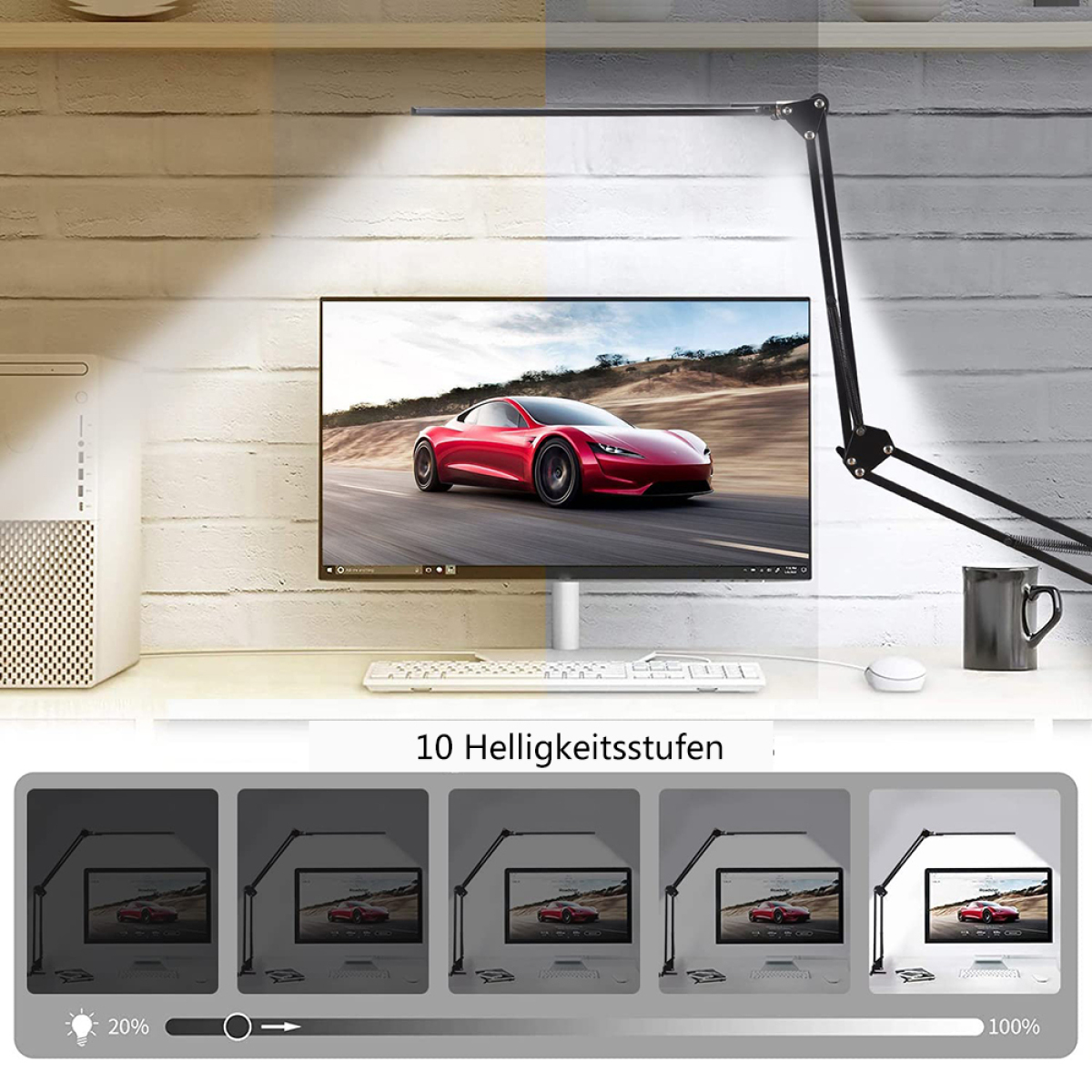 Schreibtischlampe, die Licht auf einen Computerbildschirm und Schreibtisch wirft. Die Lampe hat verschiedene Helligkeitsstufen.