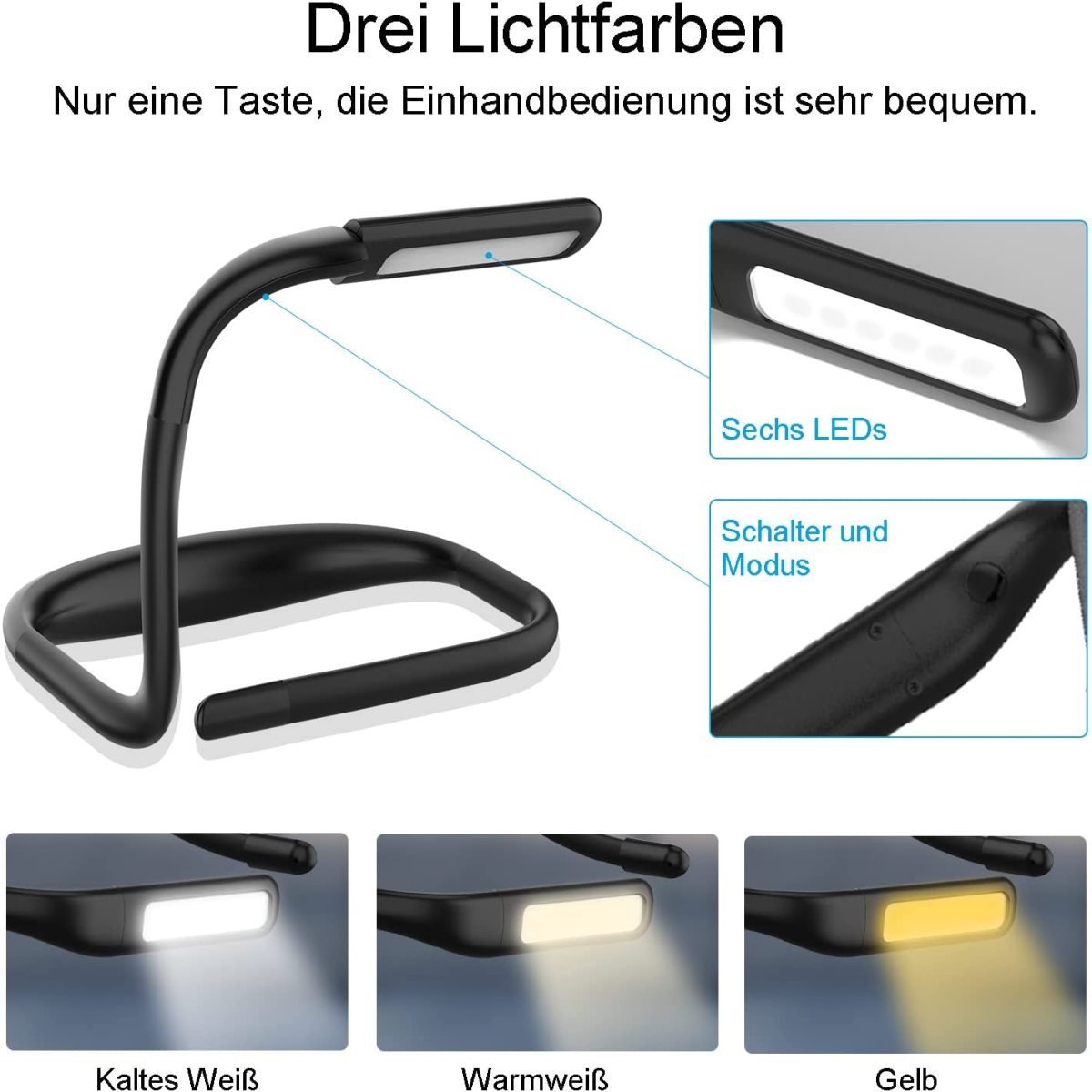 Schwarze Schreibtischlampe mit drei Lichteinstellungen. Die Etiketten sind weiß, warmweiß und gelb.