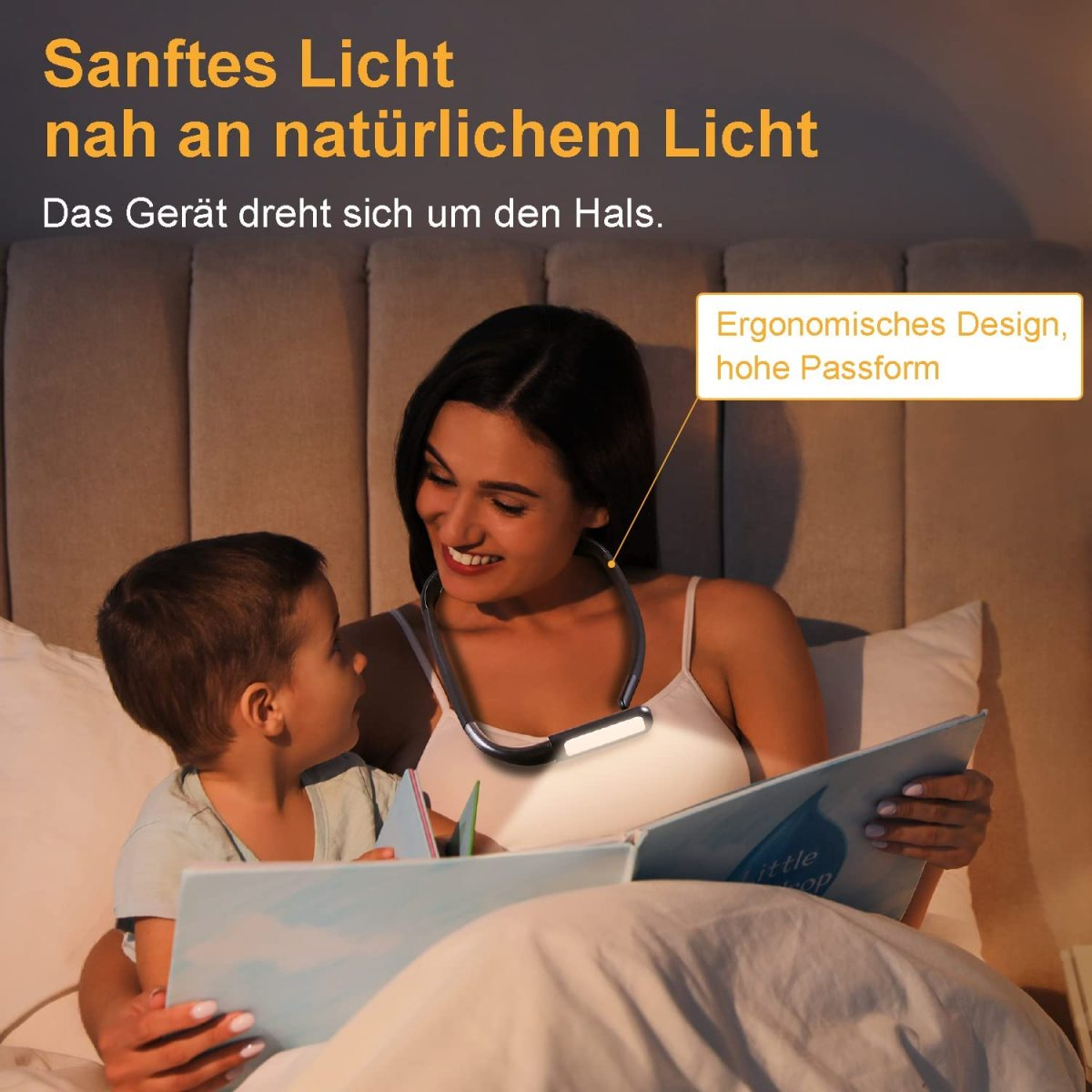 Eine Frau und ein Kind lesen ein Buch, beleuchtet von einer Nackenleuchte. Text: 'Sanftes Licht'.