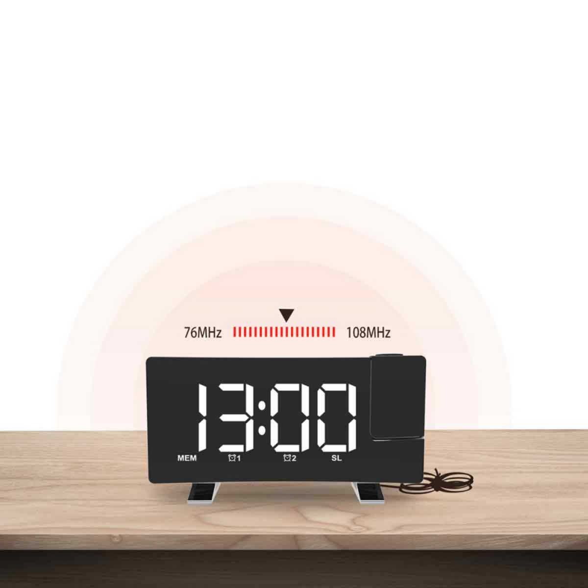 Eine schwarze Digitaluhr mit der angezeigten Uhrzeit 13:00. Sie hat eine Radiofrequenzanzeige.