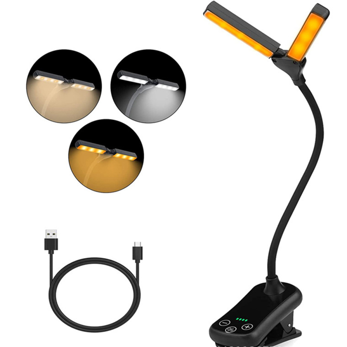 Schwarze LED-Leselampe zum Anklemmen mit drei Lichtfarben und USB-Kabel.