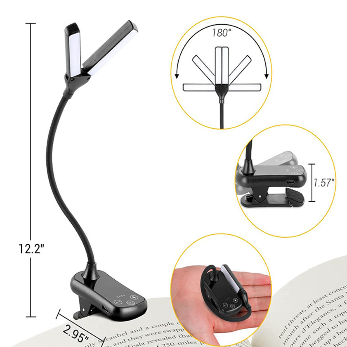 Schwarze Leselampe mit flexiblem Hals, Clip und zwei Lichtern.