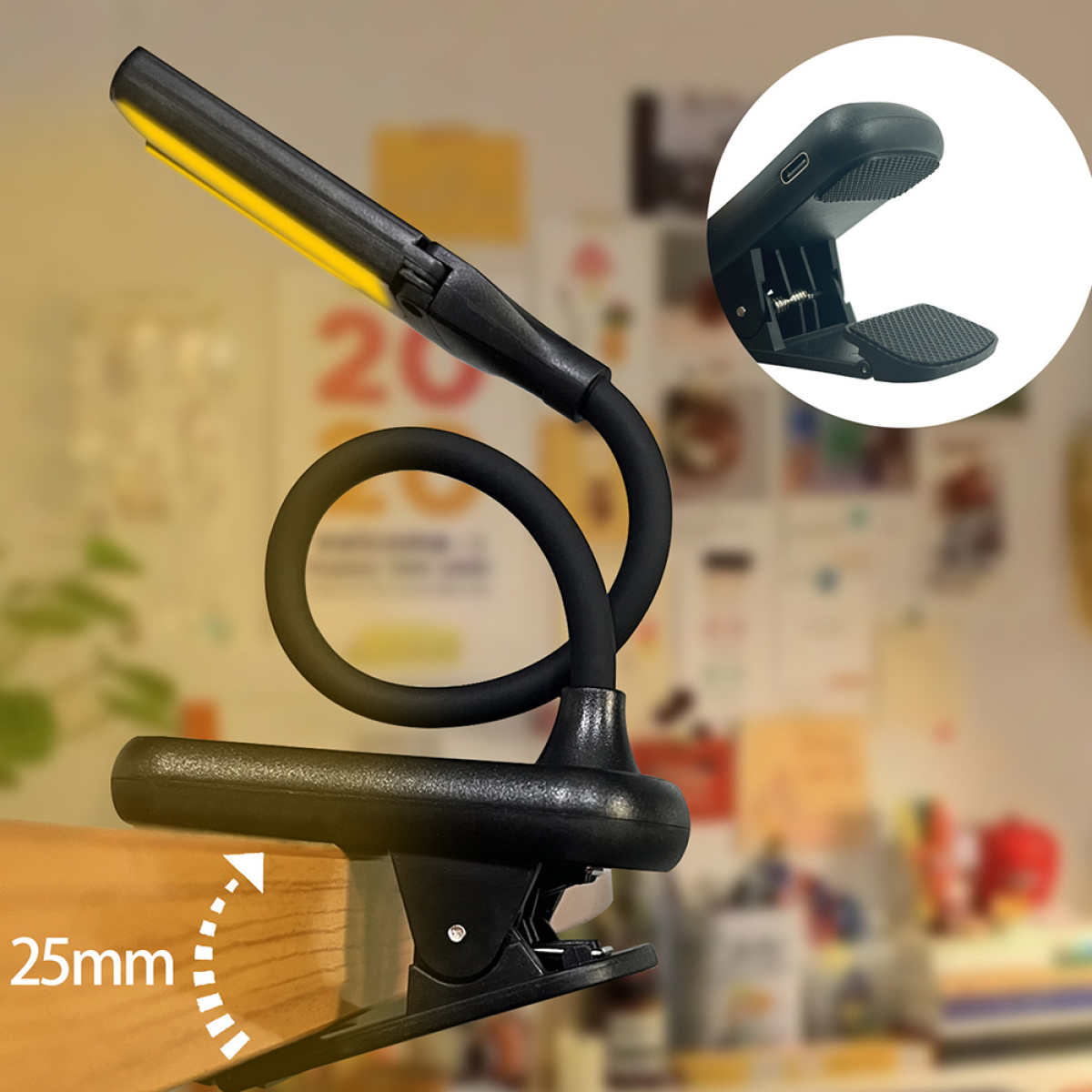 Flexible Leselampe mit Clip. Sie hat ein gelbes Licht und ist an einer Holzoberfläche befestigt.