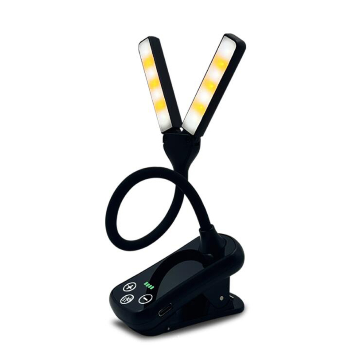 Schwarze Clip-On-Leselampe mit zwei einstellbaren LED-Leuchten und einem Bedienfeld.