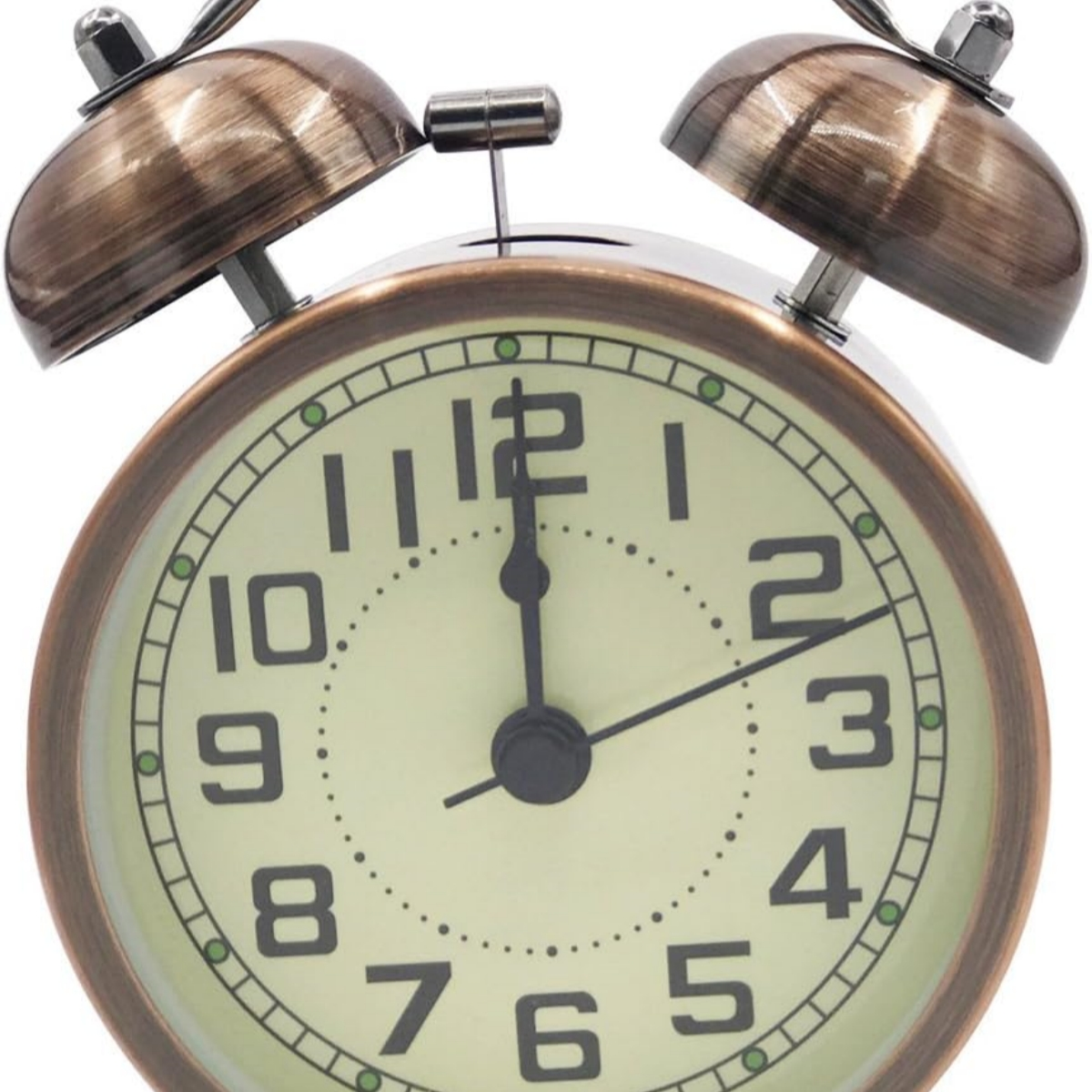 Vintage Bronze Wecker, zeigt 12:00 Uhr.
