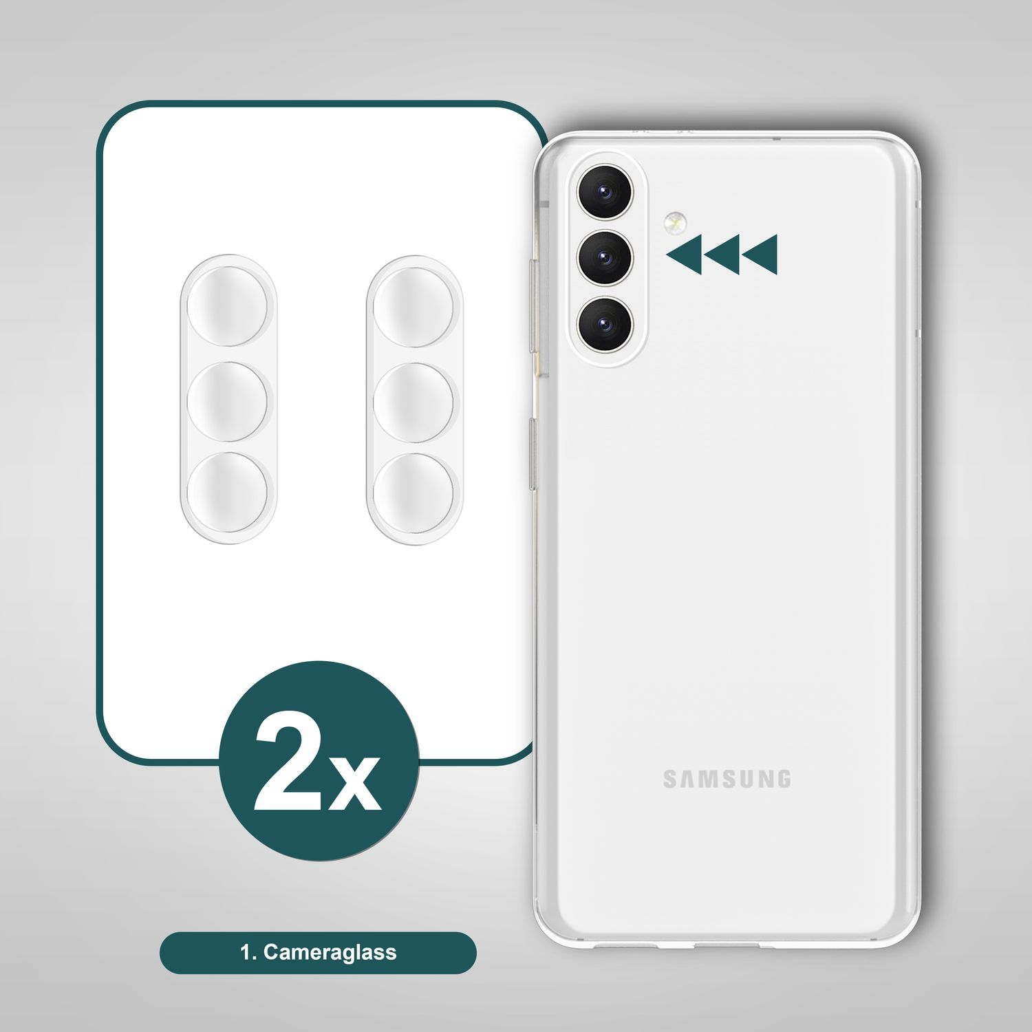 Protections de verre de caméra à côté d'une coque blanche de téléphone Samsung avec logo.