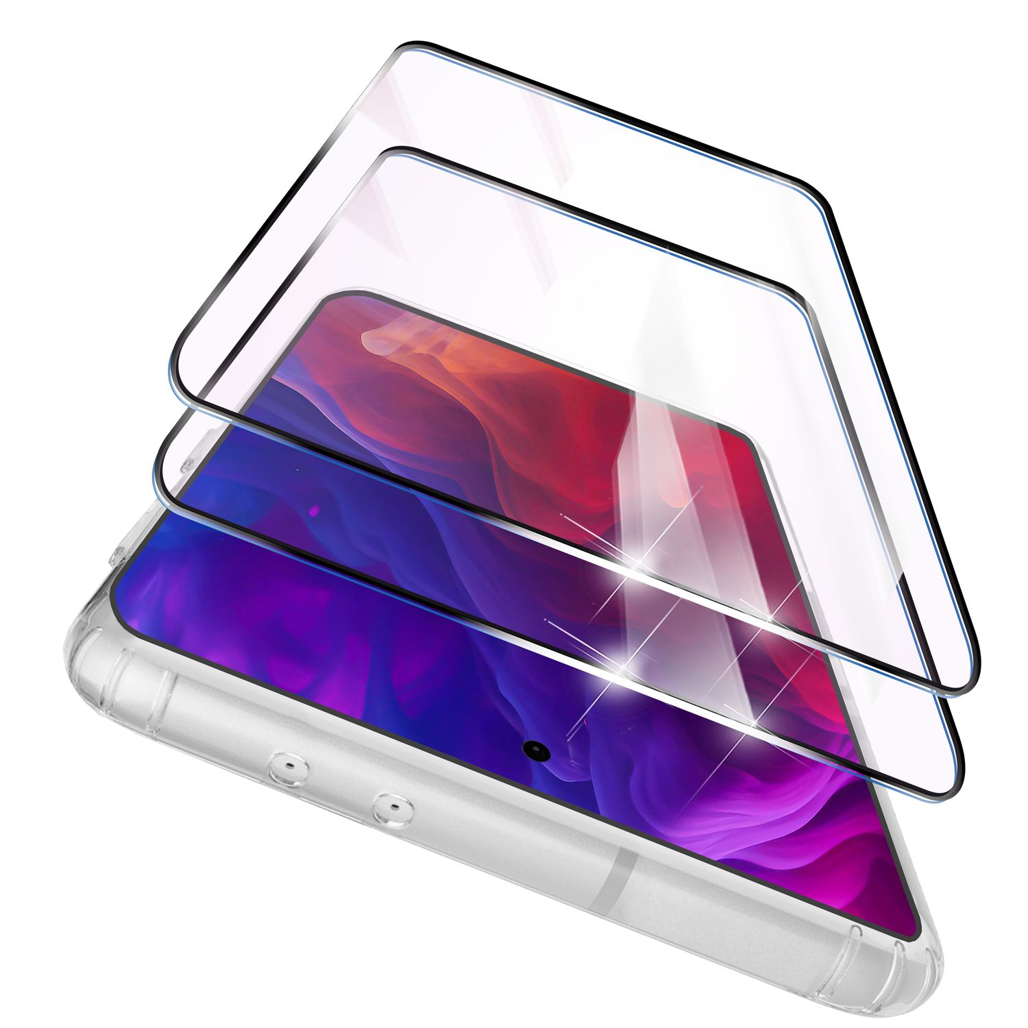 Téléphone avec protections d'écran, montrant les couches de protection, dans une coque transparente.