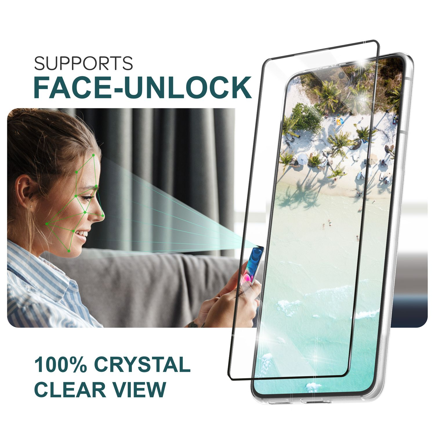 Une femme avec un téléphone et un protecteur d'écran sur le téléphone. Le texte dit Face-Unlock.