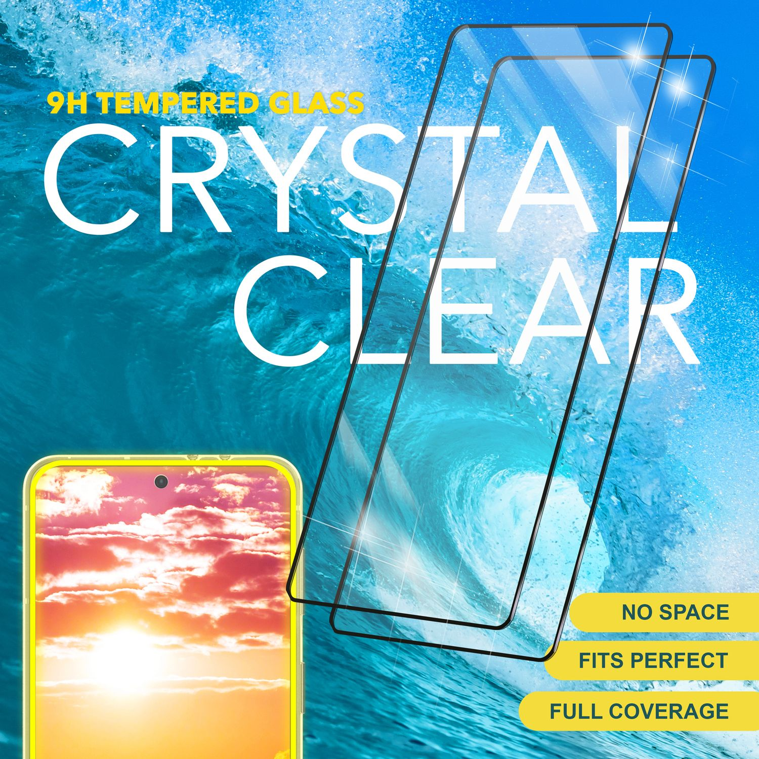 Protections d'écran avec une illustration de téléphone. Texte : Cristal clair, Verre trempé 9H.
