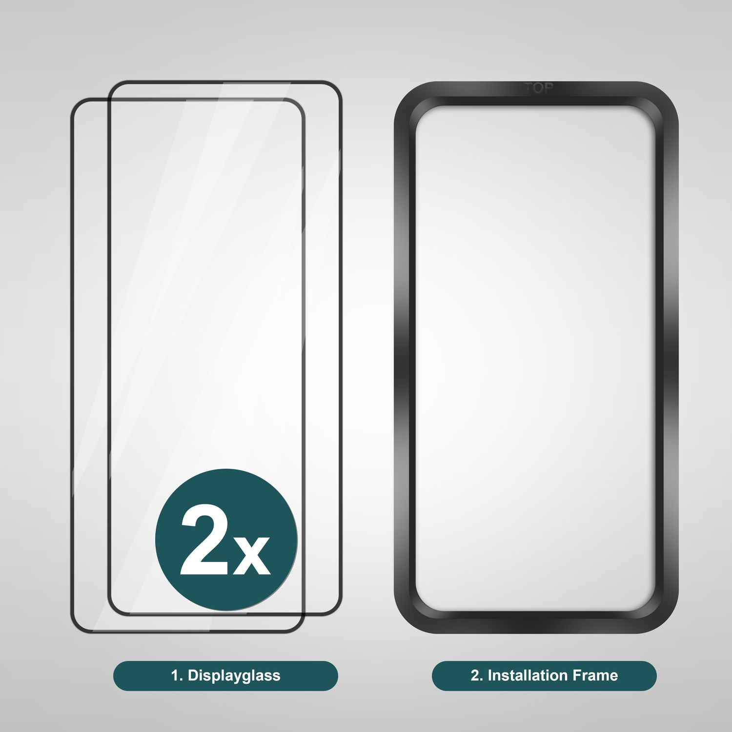 Deux protecteurs d'écran et un cadre d'installation. Les protecteurs ont le texte "2x". Le cadre a le texte "Cadre d'installation".