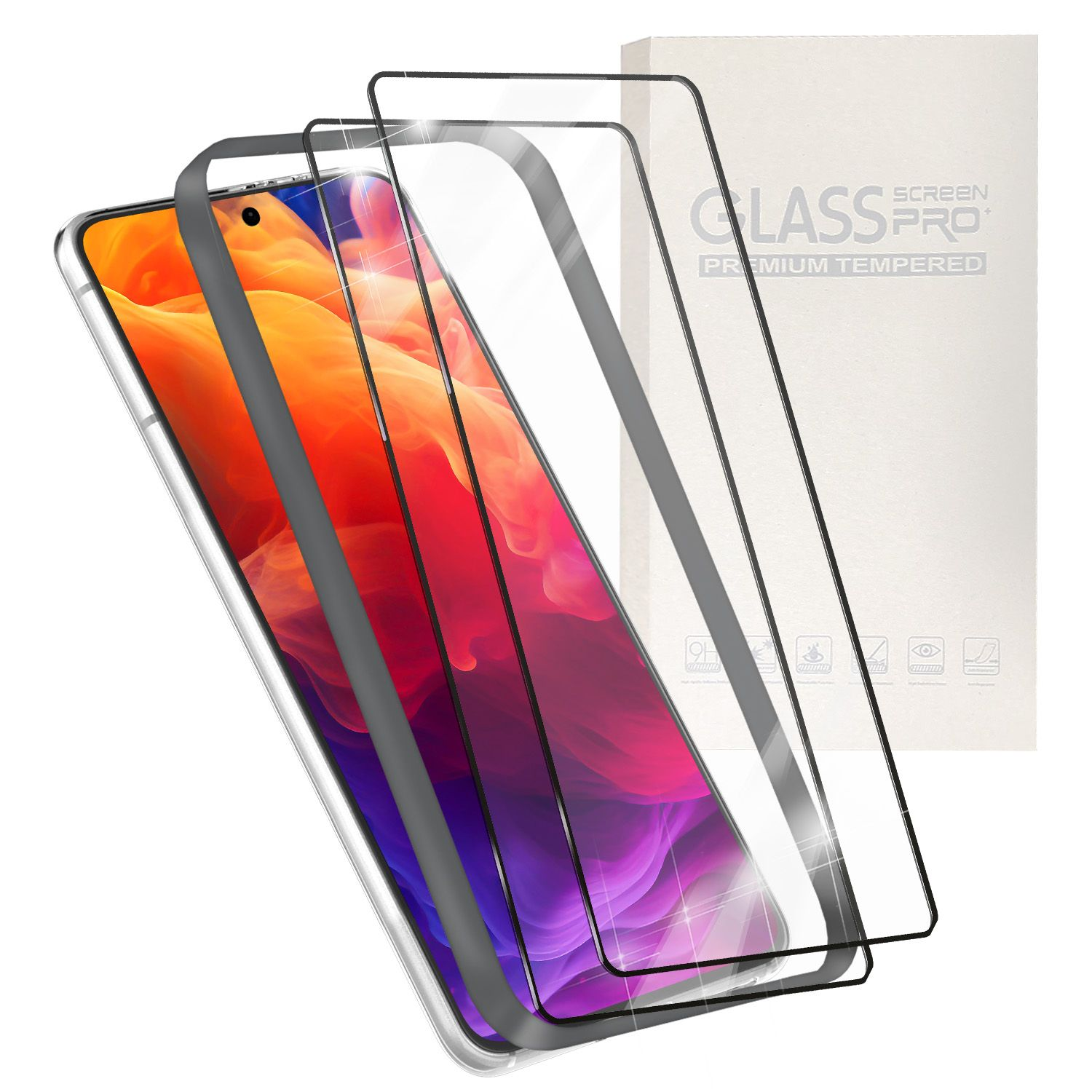 Un téléphone avec des protecteurs d'écran, dans une boîte. Les protecteurs sont transparents et couvrent l'écran.