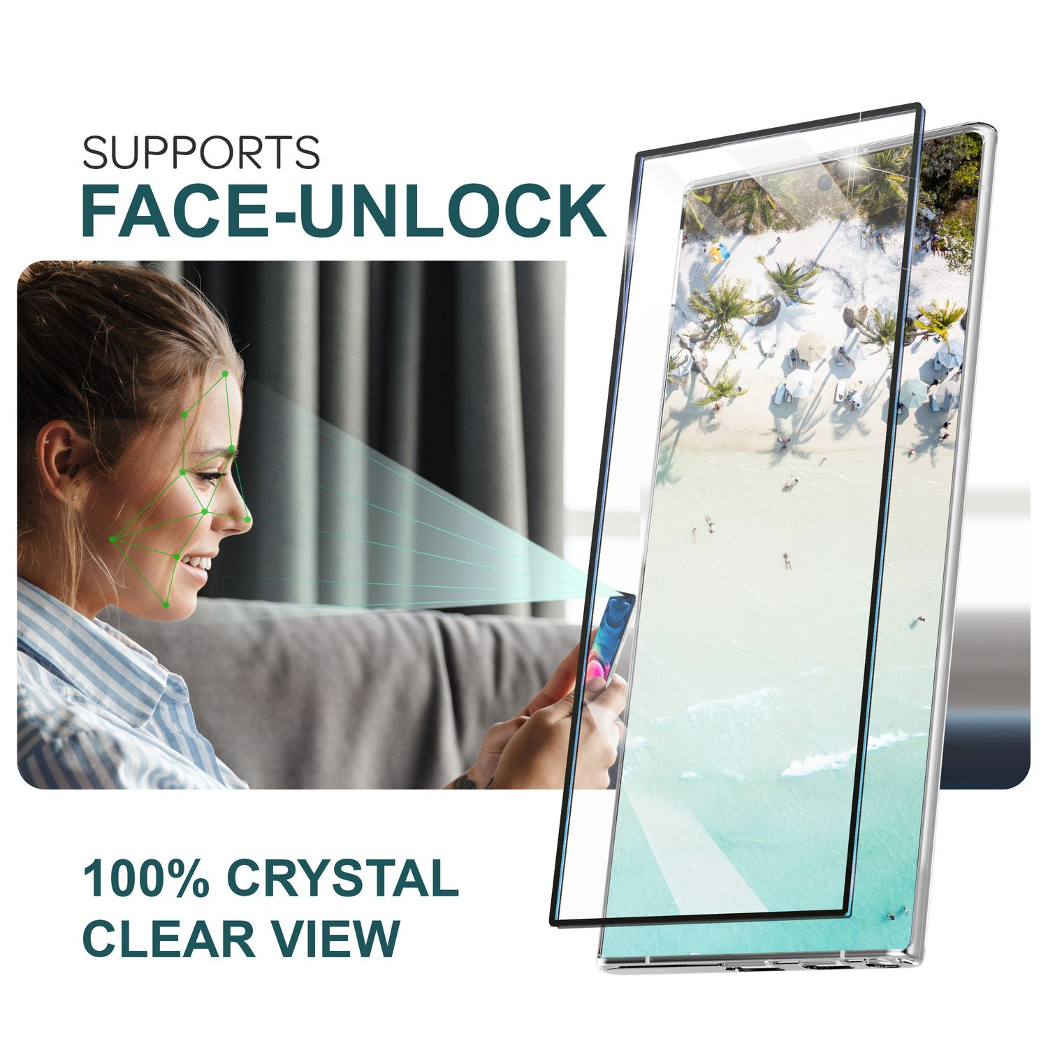 L'image montre un téléphone avec un protecteur d'écran appliqué. L'image inclut la fonction de déverrouillage facial.