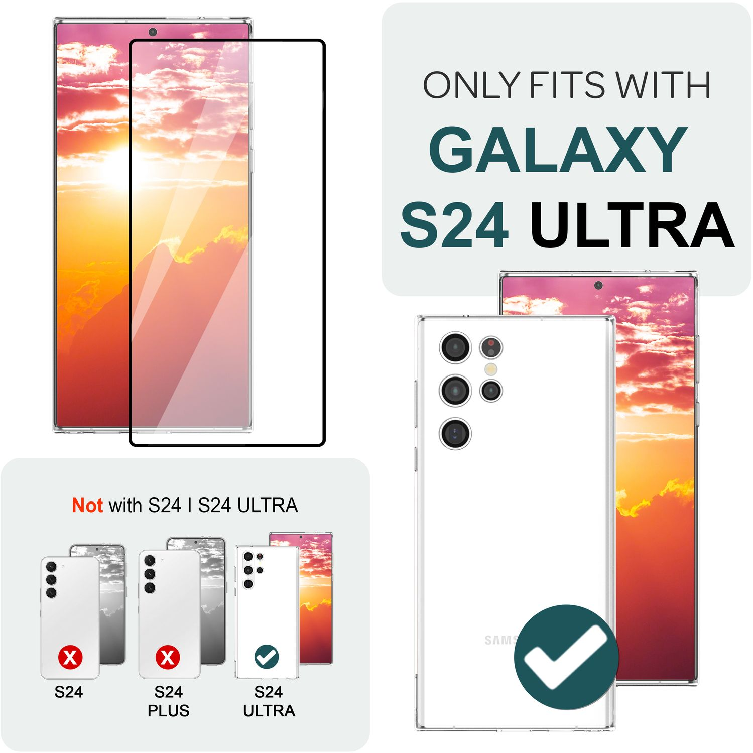 Téléphone avec protecteur d'écran, texte : 'UNIQUEMENT COMPATIBLE AVEC GALAXY S24 ULTRA'.