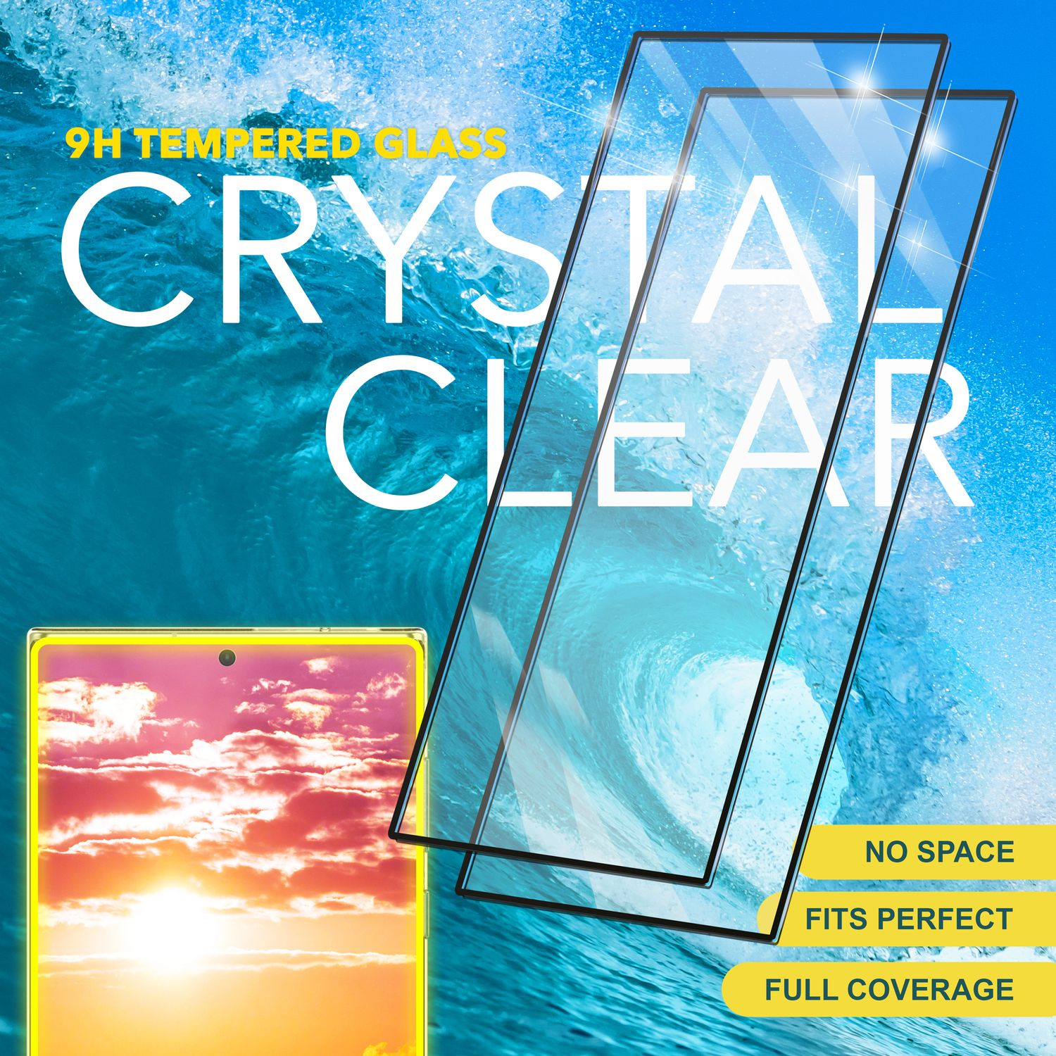 Deux protecteurs d'écran transparents sur un paysage marin avec texte : Cristal clair, Verre trempé 9H.