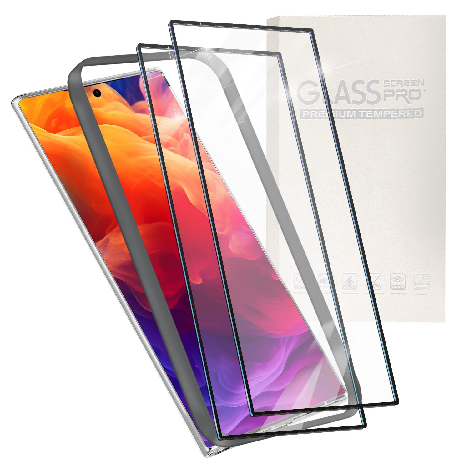 Un téléphone avec des protections d'écran et un étui avec un téléphone à l'intérieur, avec le texte 'GLASS PRO'.