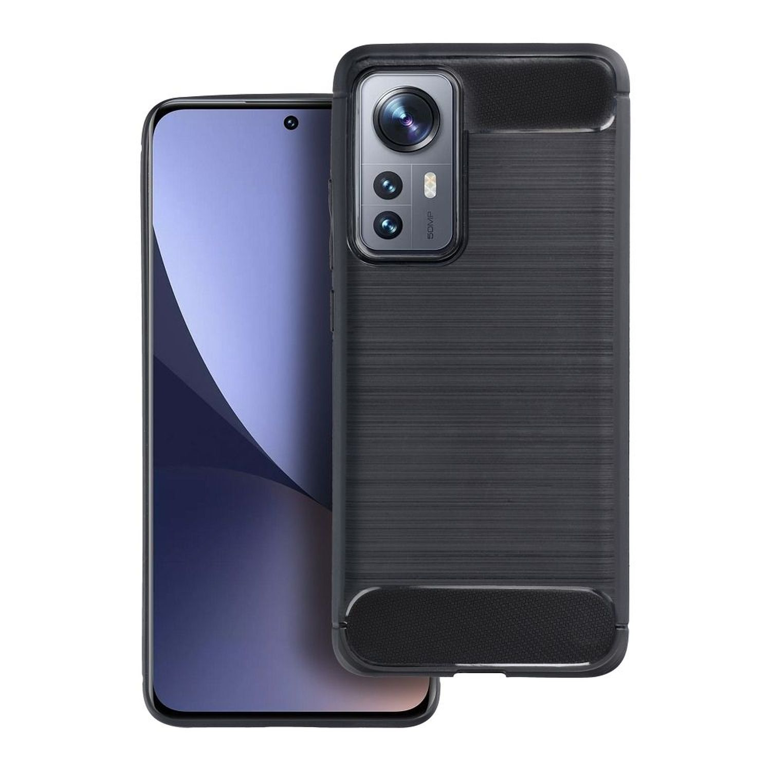 Un telefono in una custodia nera con fotocamera su sfondo bianco.