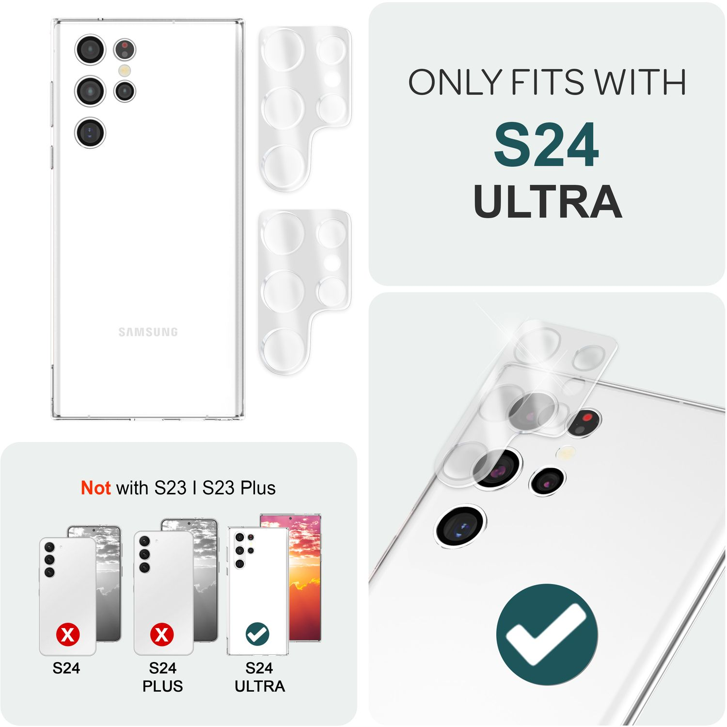 Téléphone blanc avec objectifs d'appareil photo. Protecteurs d'écran transparents. Texte: 'Uniquement compatible avec S24 ULTRA'.