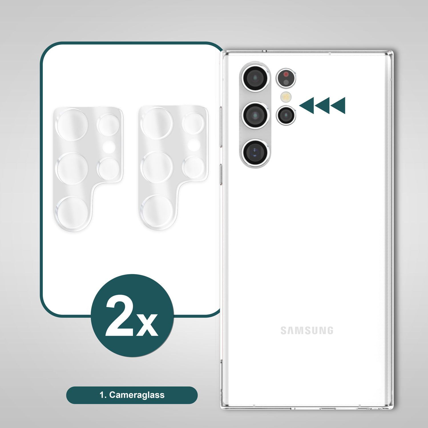 Protections en verre pour caméra de téléphone sur fond blanc, avec le logo Samsung.
