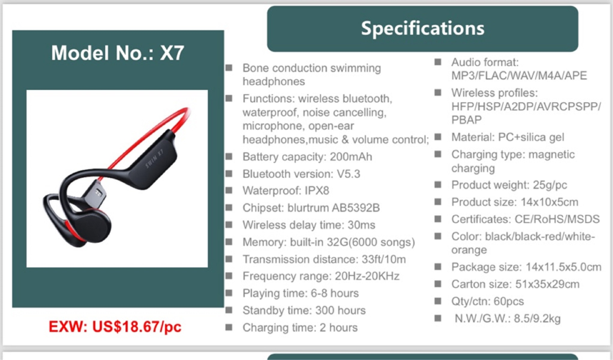 MIRUX Open Ear Knochenleitung Open-ear Musik-Player, Schwarz mit IPX8 X7 32GB Kopfhörer Bluetooth