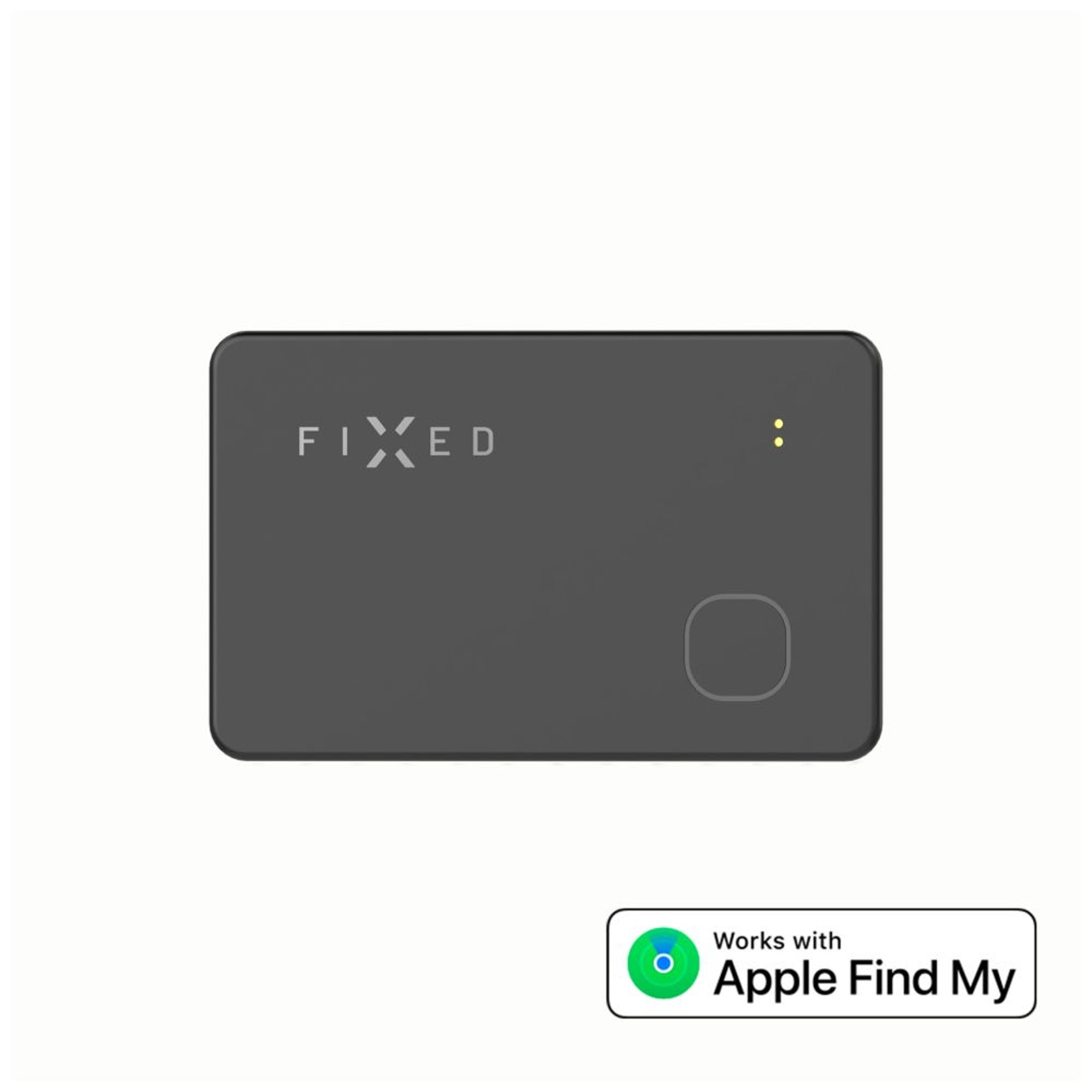 Schwarze Karte mit 'FIXED' und Logo 'Works with Apple Find My'. Weißer Hintergrund.
