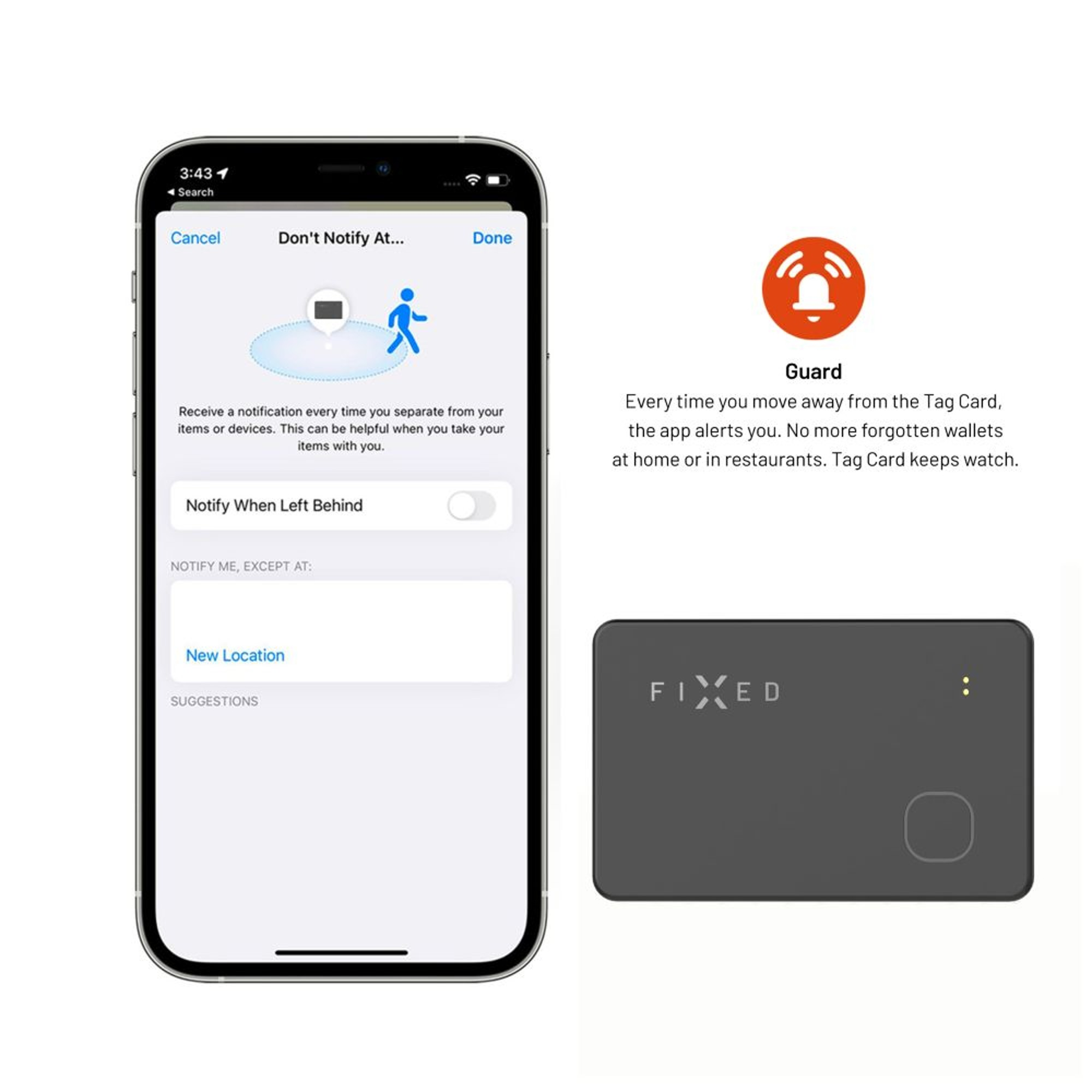 Ein Telefon zeigt App-Oberfläche mit Benachrichtigungseinstellungen, eine Karte mit dem Wort FIXED.