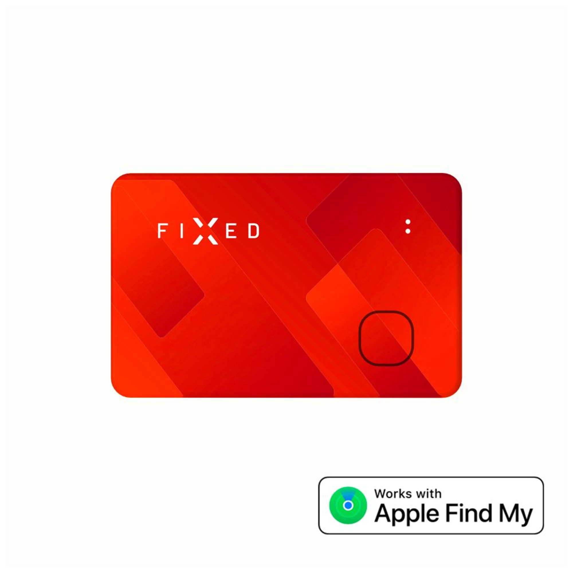 Rotes rechteckiges Gerät mit weißem FIXED-Text und Apple Find My-Logo.