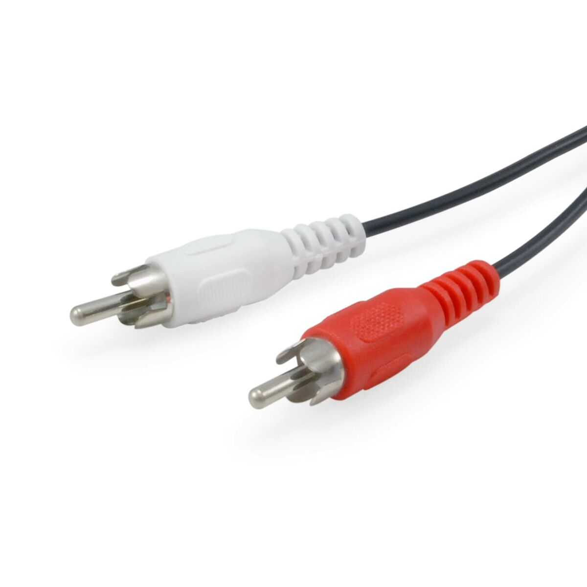 Two audio cables with red and white connectors. The cables are black.
