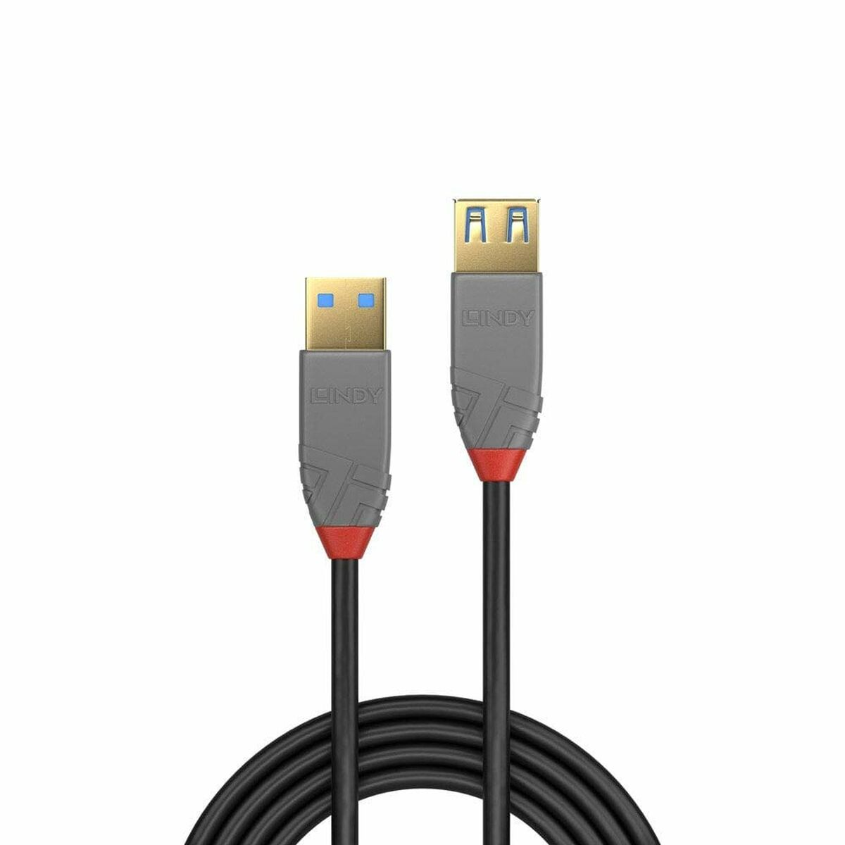 Deux câbles USB avec des extrémités différentes, des câbles gris et des accents rouges.
