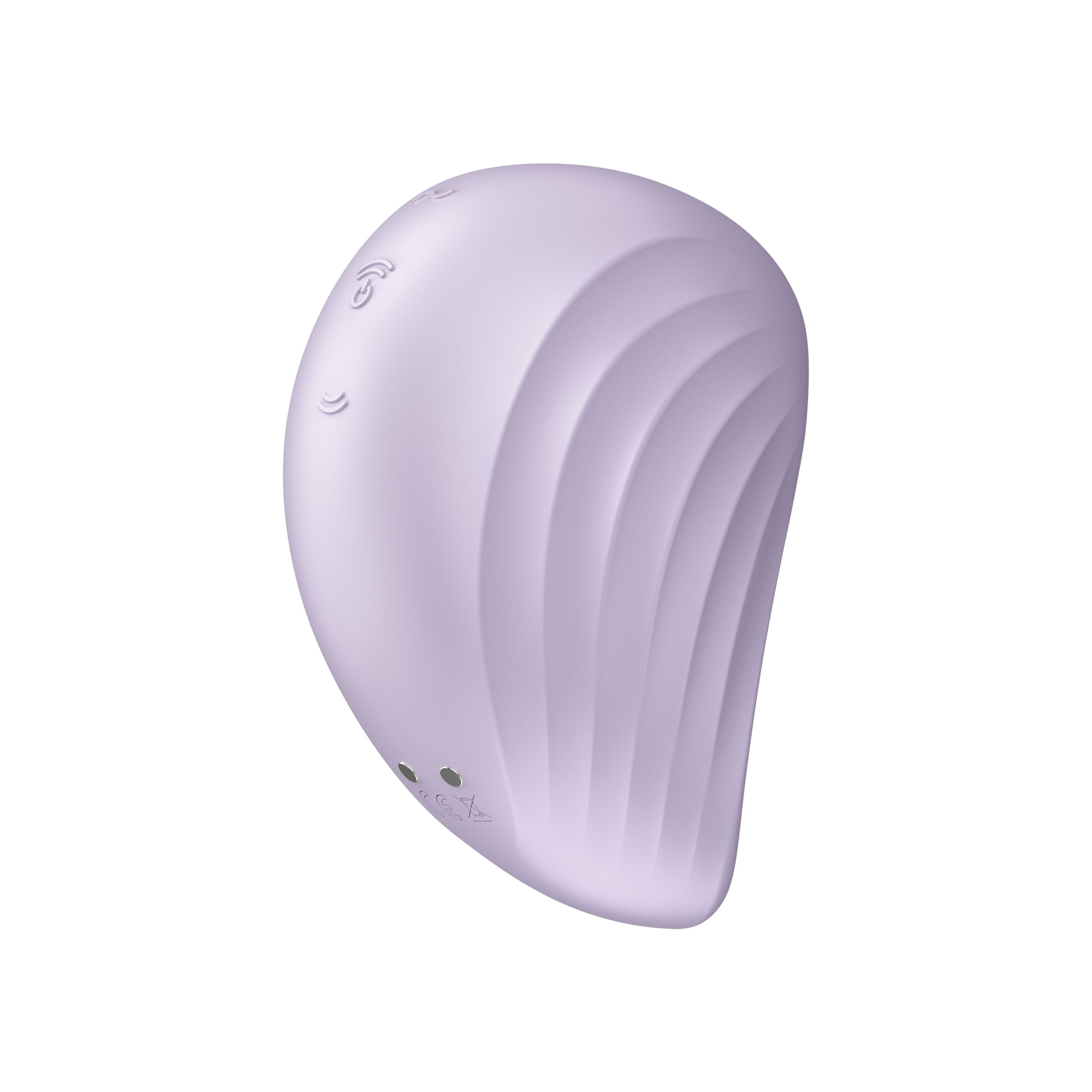 Un vibrador lila claro en forma de lágrima con crestas texturizadas y botones de control. Sobre blanco.