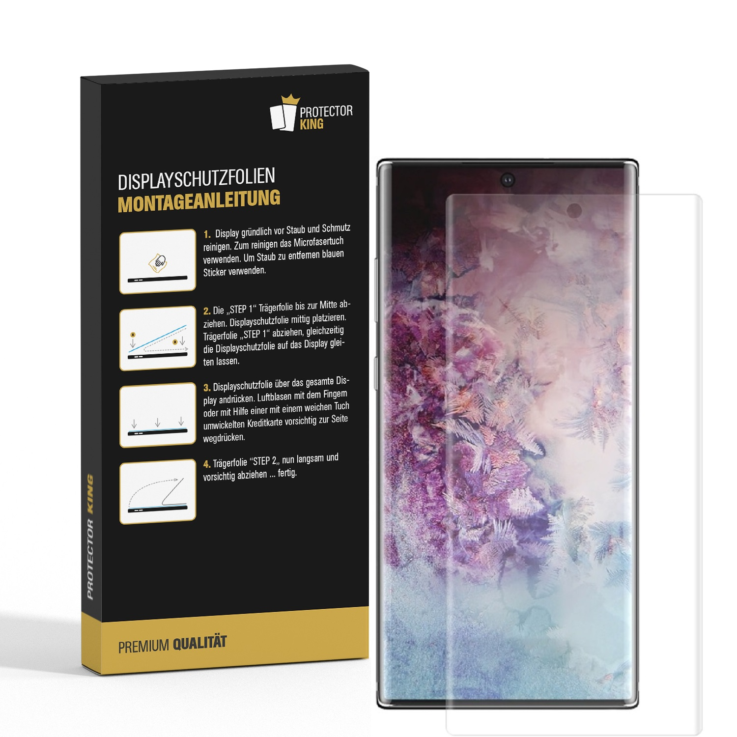 Ein Smartphone-Displayschutz-Kit mit Anweisungen und einer Telefonanwendung auf der Seite.