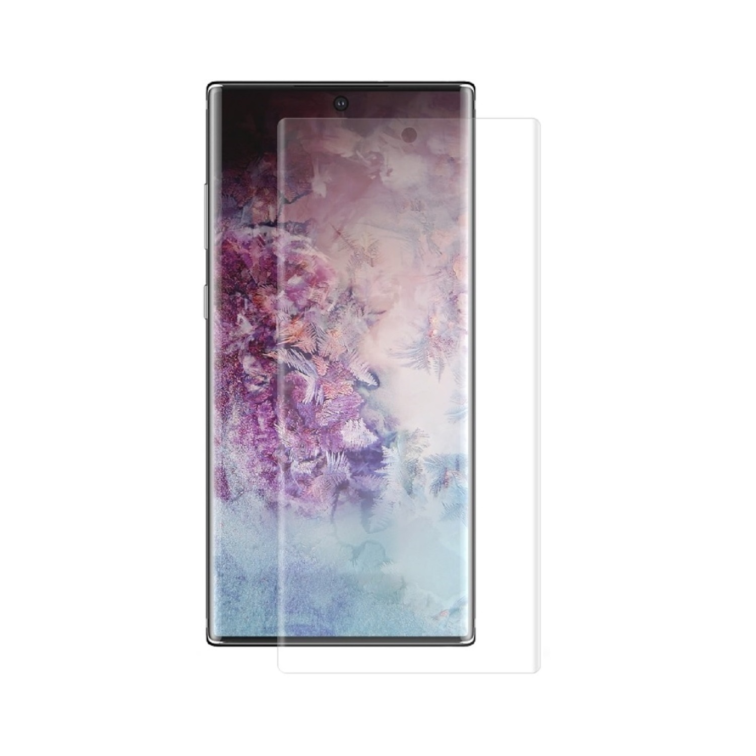 Telefon mit aufgebrachter Displayschutzfolie. Text: Samsung. Weißer Hintergrund.
