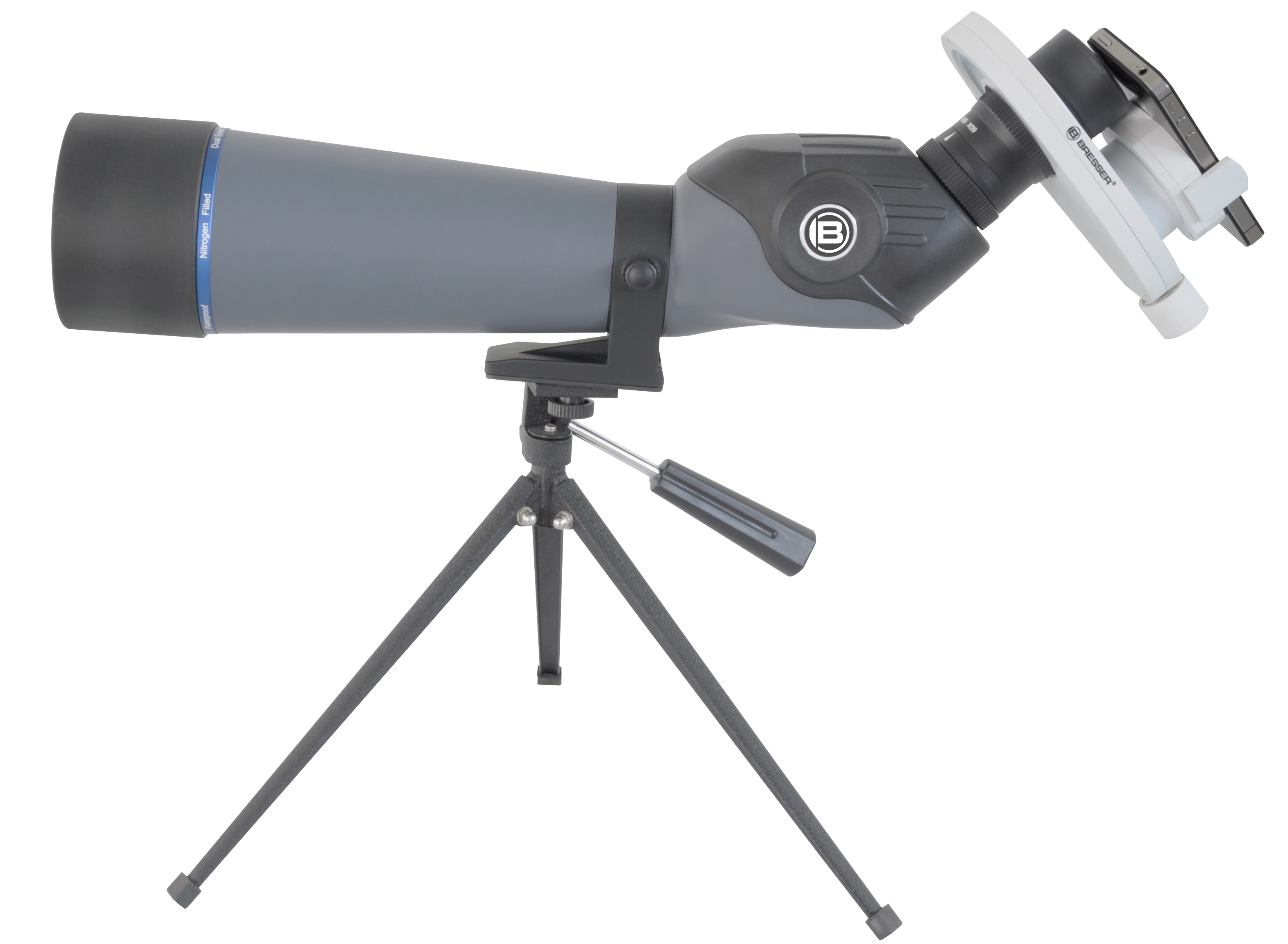 Un telescopio terrestre gris sobre un trípode. Tiene un diseño negro y gris y una lente.
