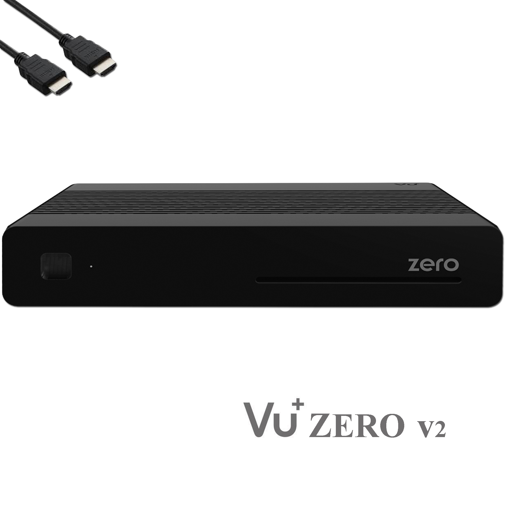 Schwarzer Vu+ Zero V2 Receiver mit HDMI-Kabeln auf weißem Hintergrund.