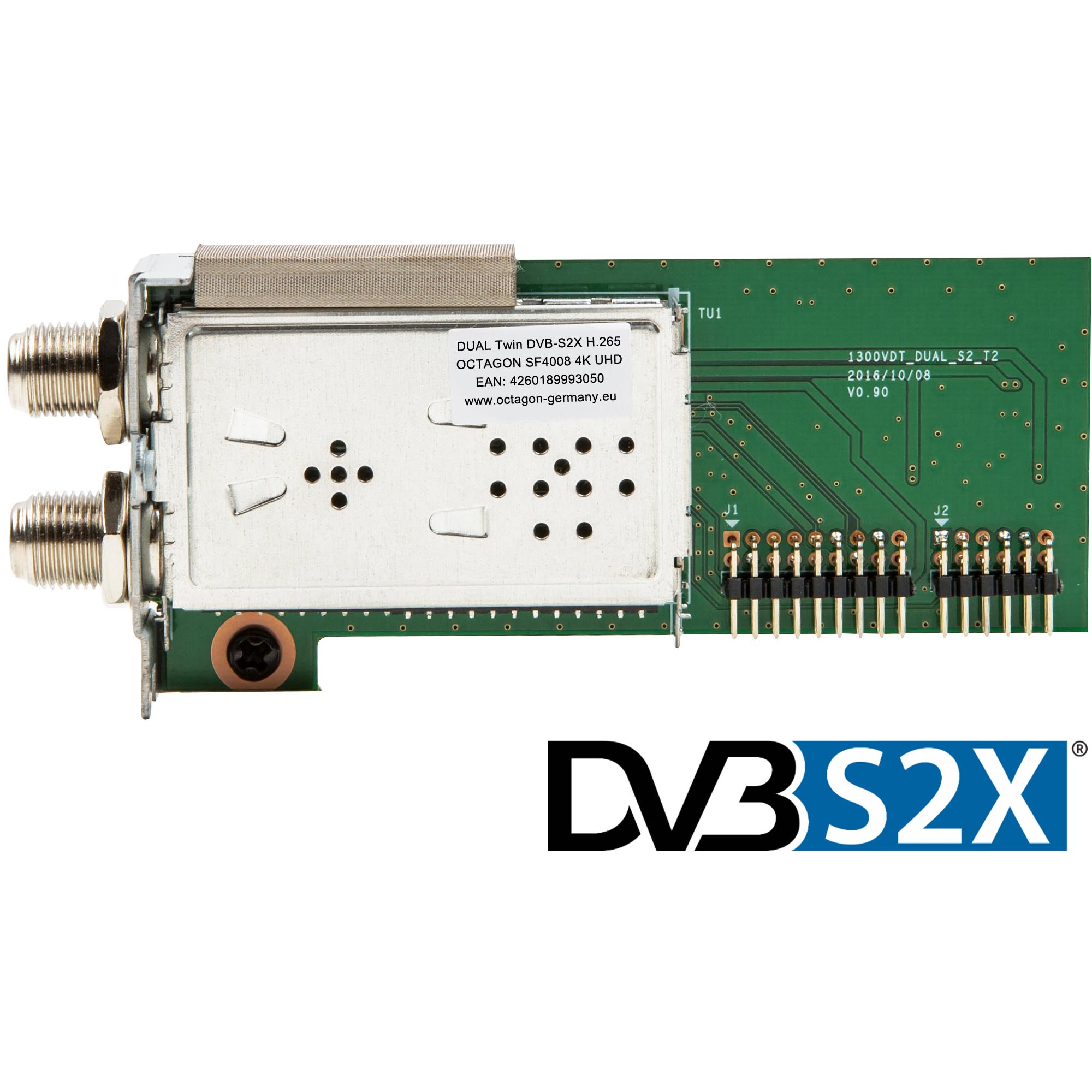 Eine kleine Leiterplatte mit mehreren Anschlüssen, mit weißem Text 'DVB S2X'.