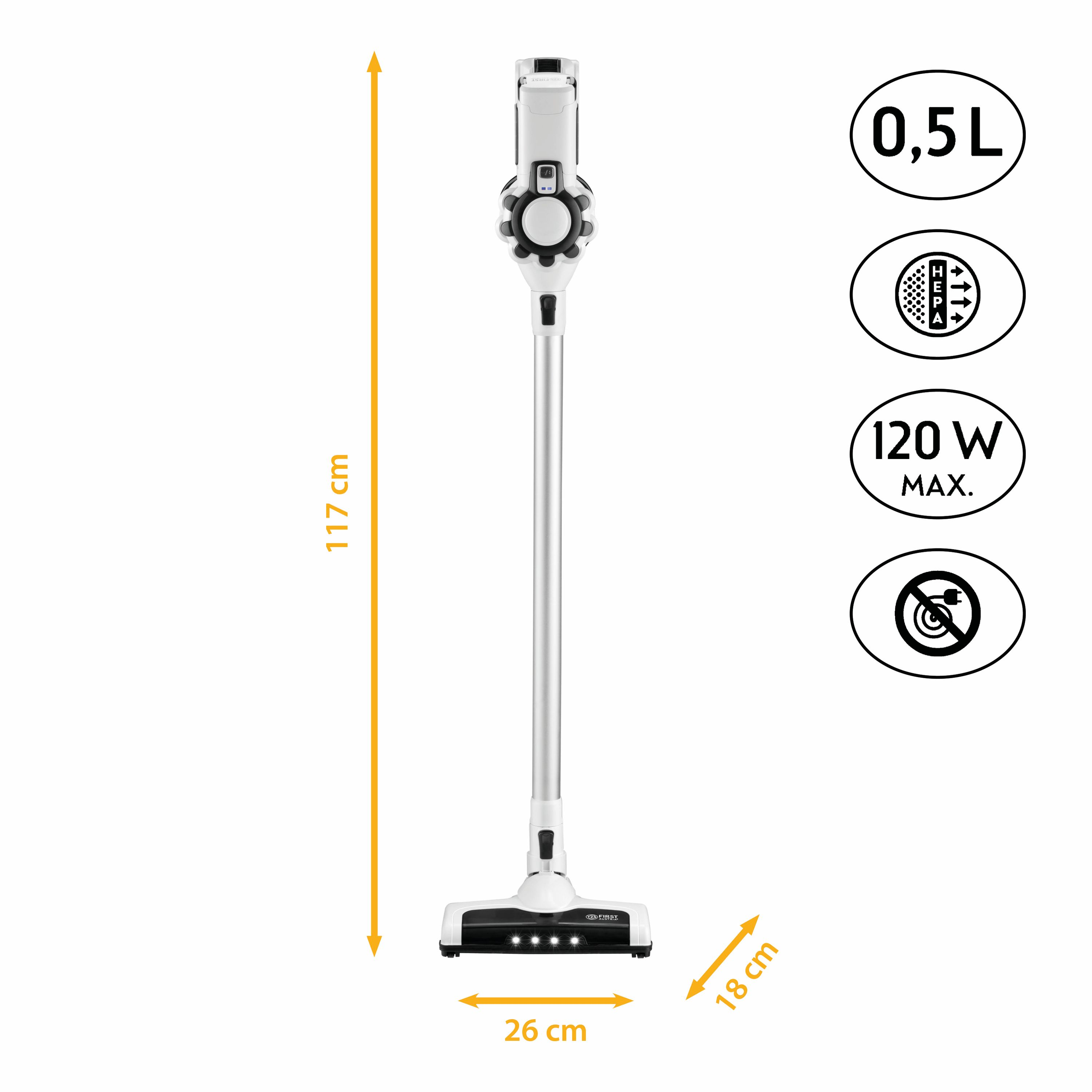 Weiß-schwarzer kabelloser Staubsauger. Abmessungen: 26 cm Breite, 117 cm Höhe, 18 cm Basis.